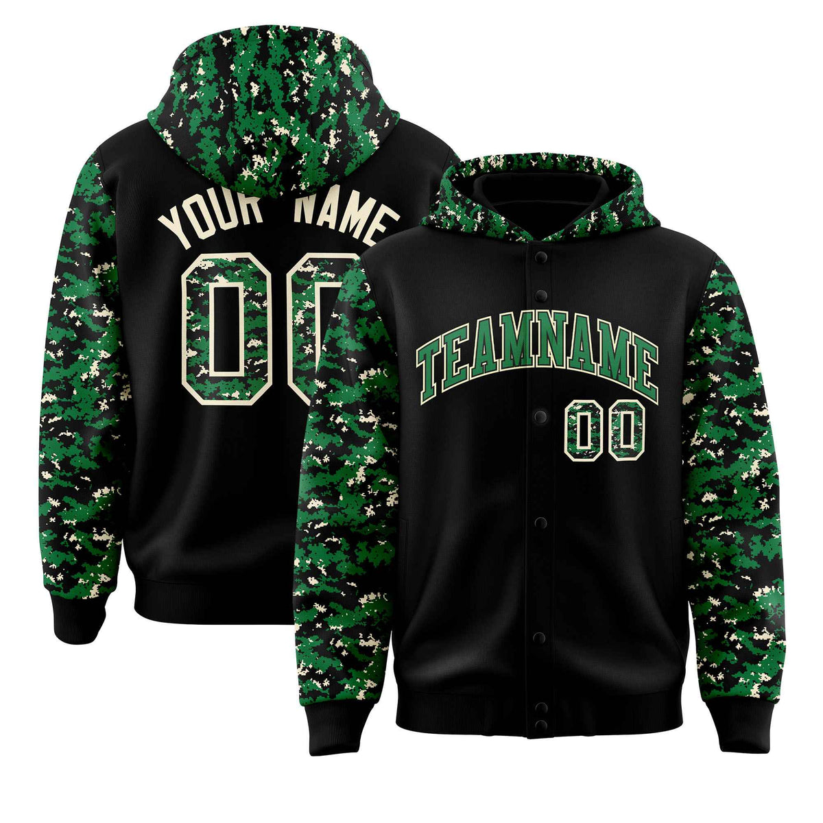 Custom Black Kelly Green-Cream Raglan Sleeves Varsity Full-Snap Letterman Camo Jacket Hoodie| KXKSHOP
