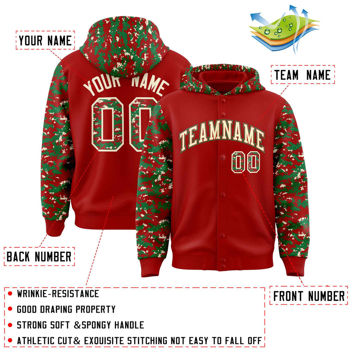 Custom Red Kelly Green-Cream Raglan Sleeves Varsity Full-Snap Letterman Camo Jacket Hoodie| KXKSHOP