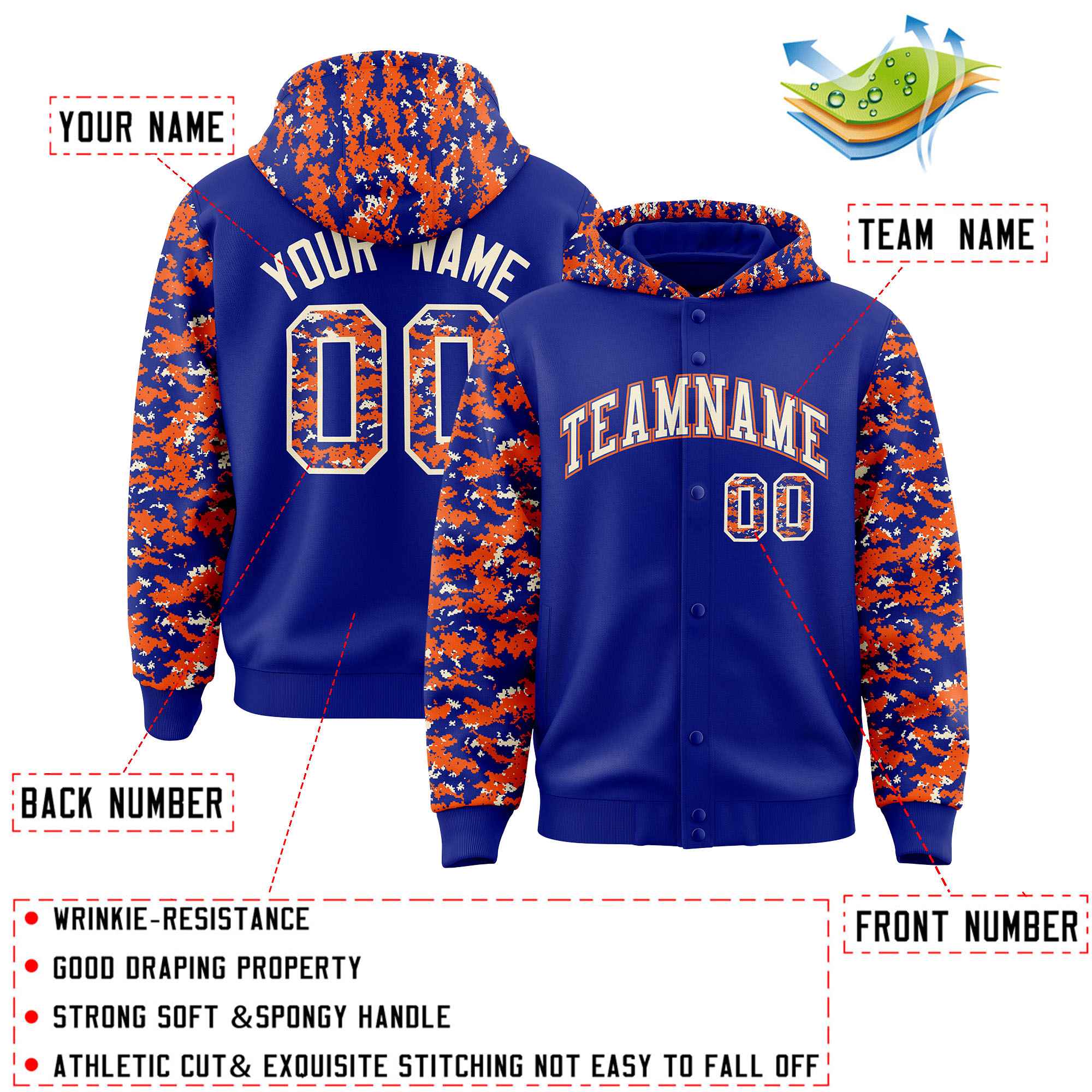 Custom Royal Orange-Cream Raglan Sleeves Varsity Full-Snap Letterman Camo Jacket Hoodie| KXKSHOP
