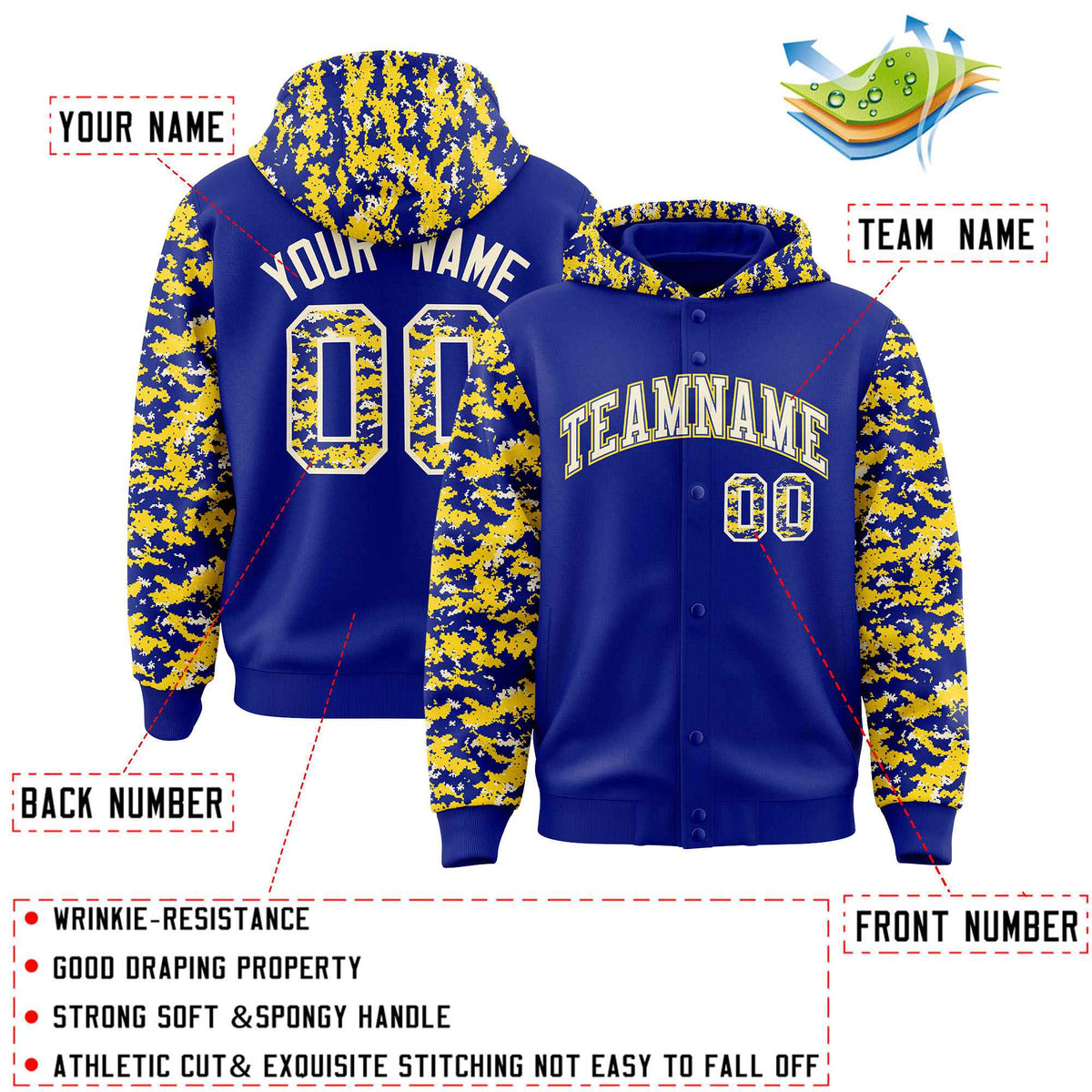 Custom Royal Gold-Cream Raglan Sleeves Varsity Full-Snap Letterman Camo Jacket Hoodie| KXKSHOP