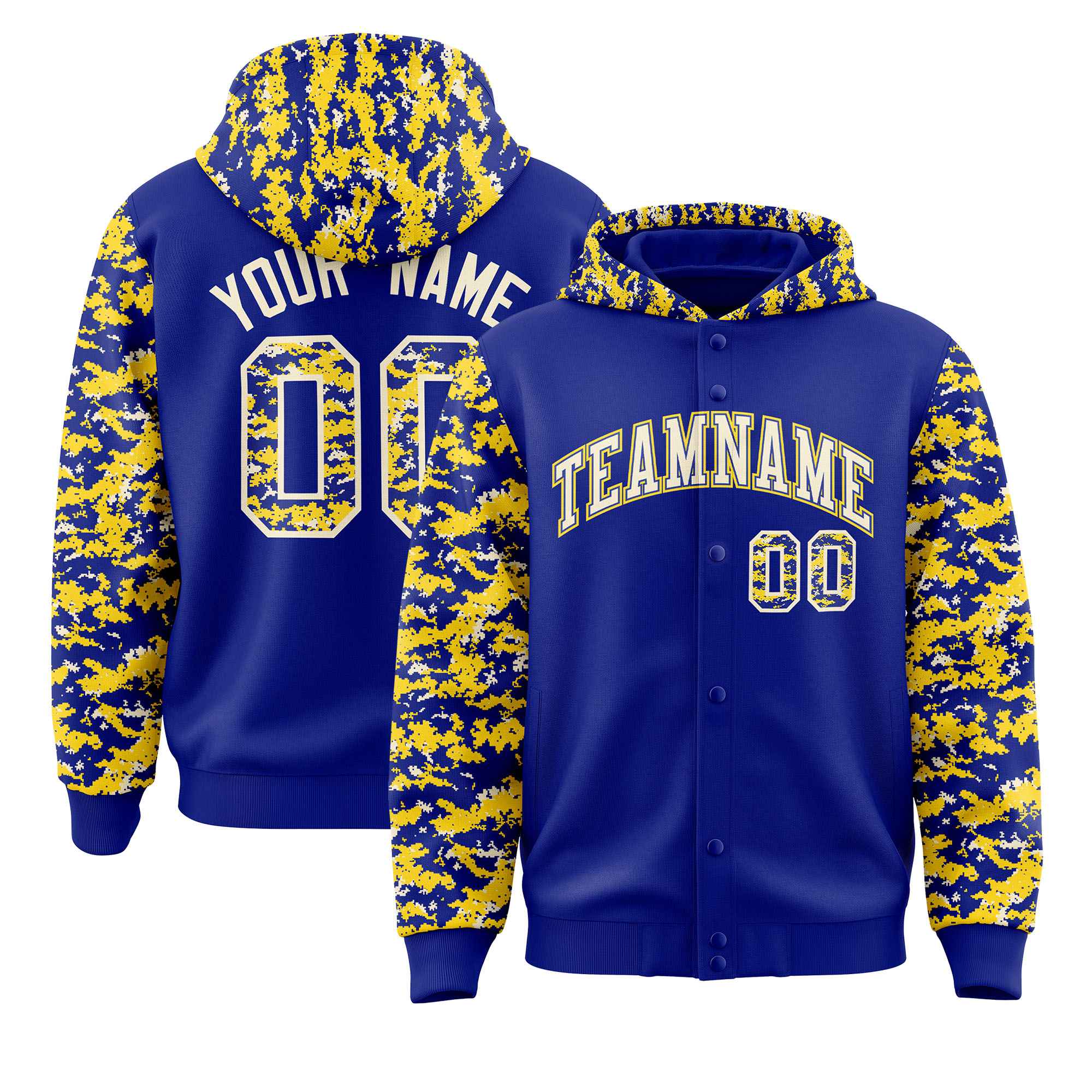 Custom Royal Gold-Cream Raglan Sleeves Varsity Full-Snap Letterman Camo Jacket Hoodie| KXKSHOP