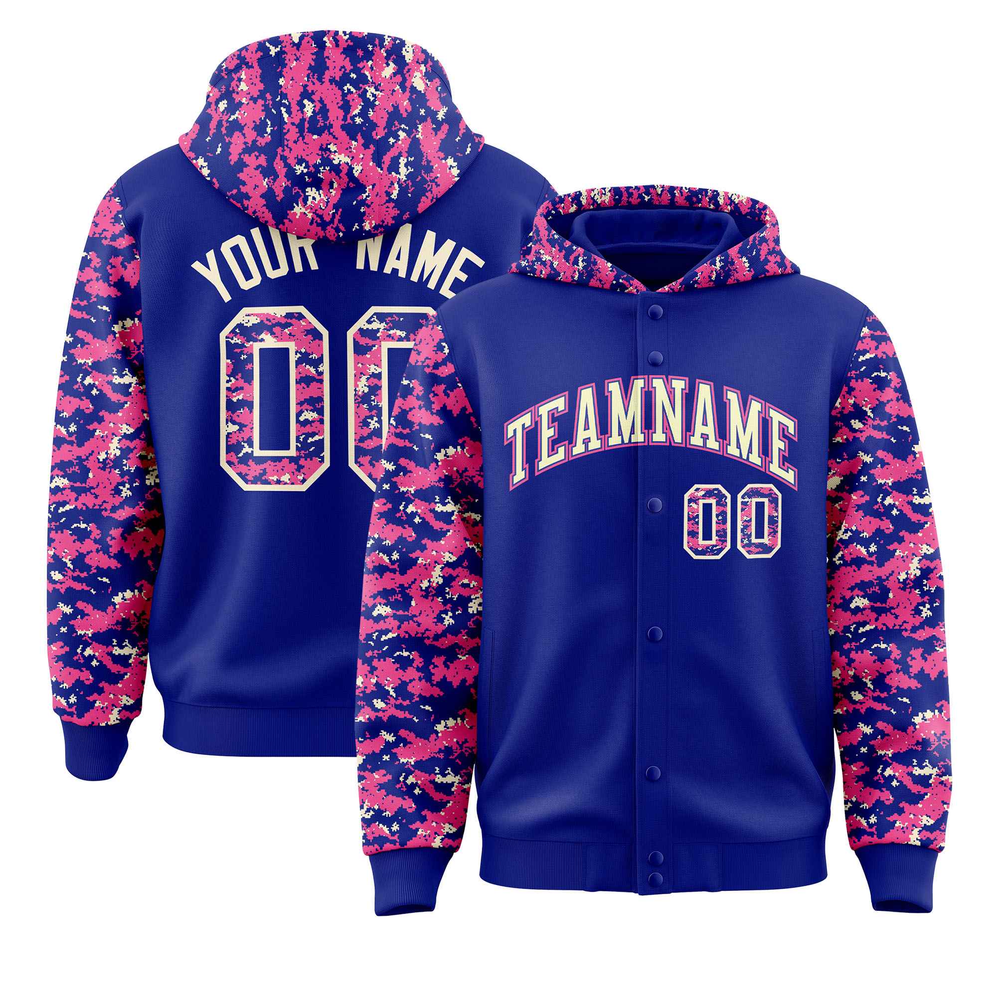 Custom Royal Pink-Cream Raglan Sleeves Varsity Full-Snap Letterman Camo Jacket Hoodie| KXKSHOP