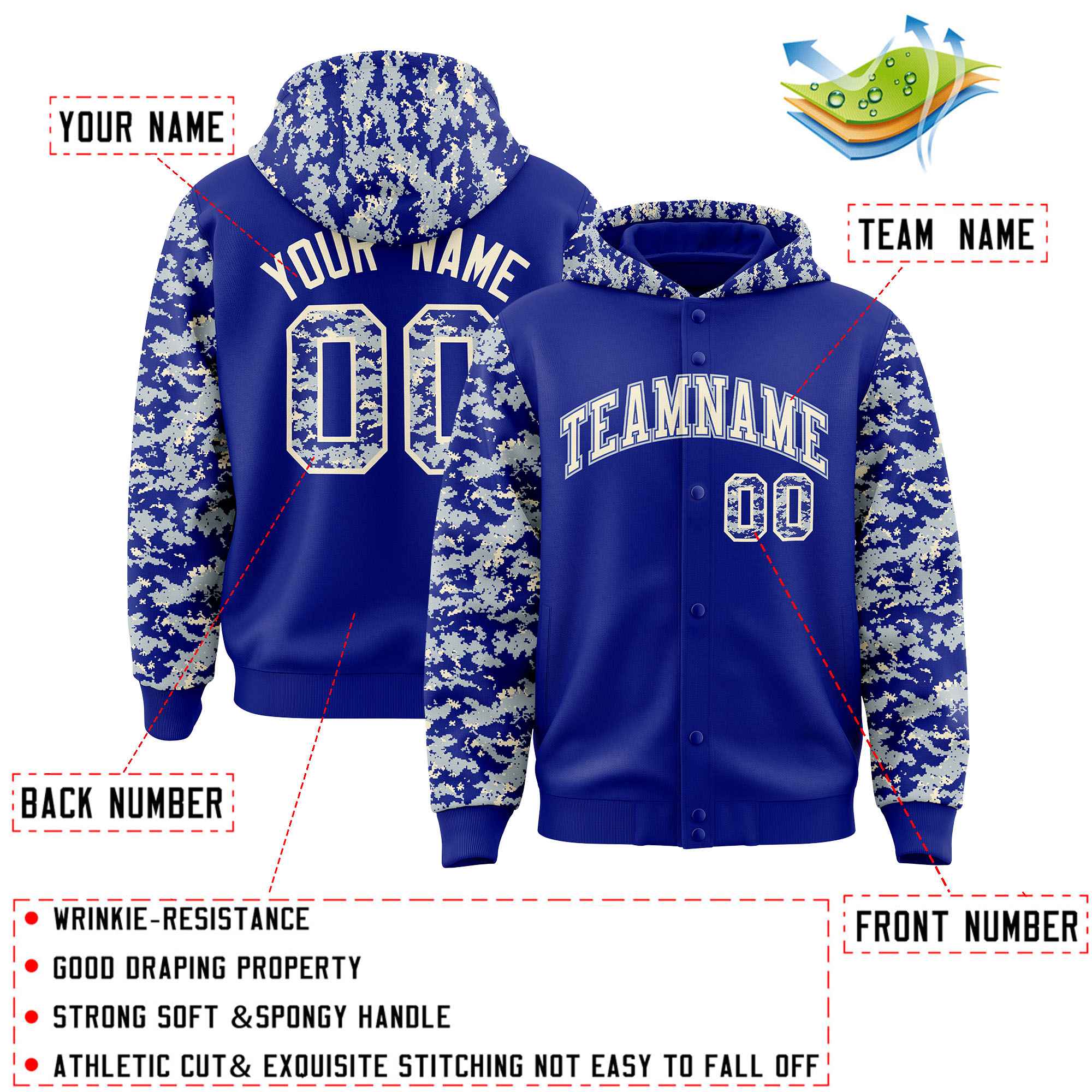 Custom Royal Silver-Cream Raglan Sleeves Varsity Full-Snap Letterman Camo Jacket Hoodie| KXKSHOP
