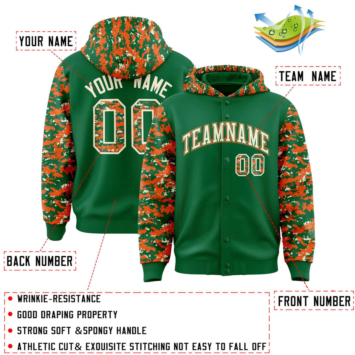 Custom Kelly Green Orange-Cream Raglan Sleeves Varsity Full-Snap Letterman Camo Jacket Hoodie| KXKSHOP