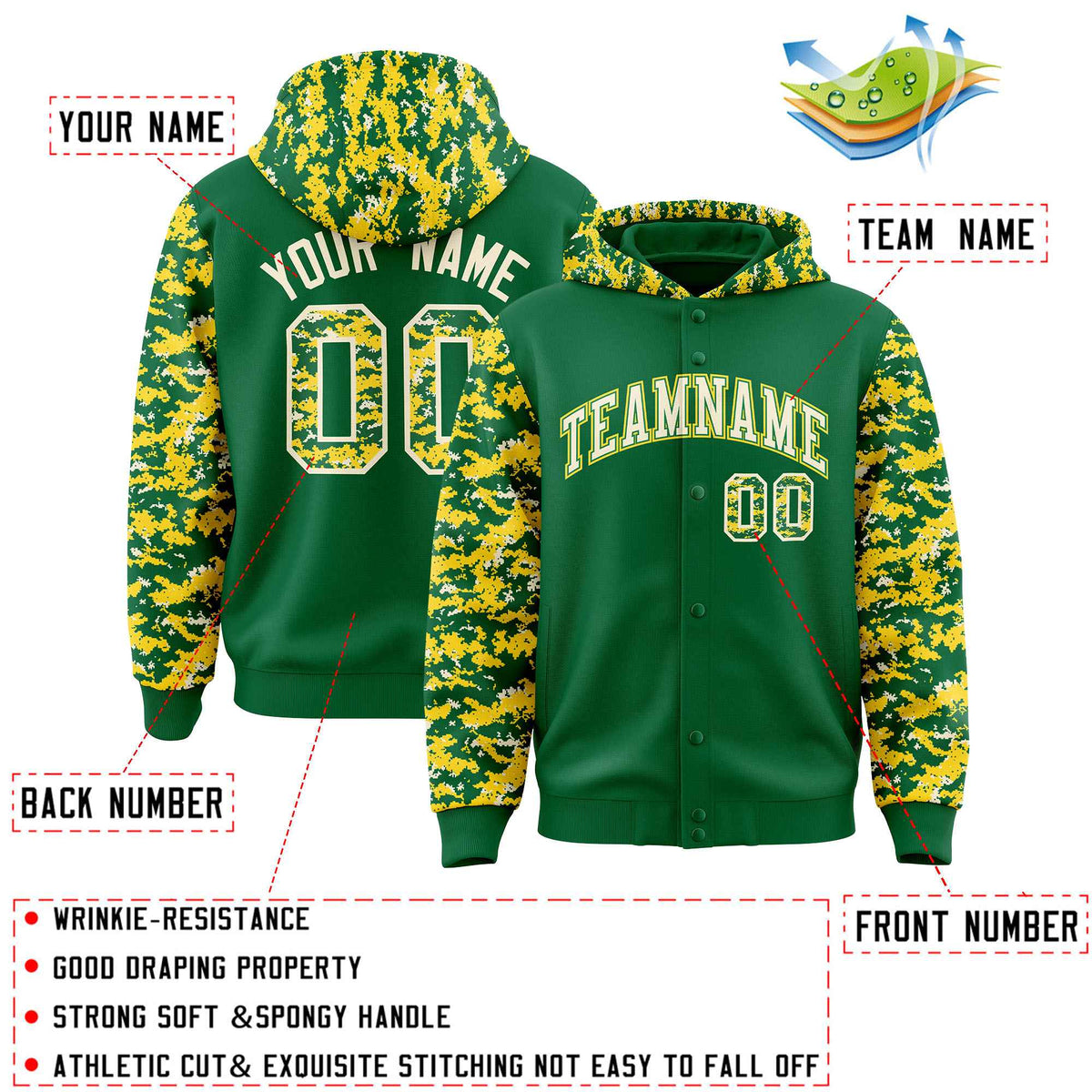 Custom Kelly Green Gold-Cream Raglan Sleeves Varsity Full-Snap Letterman Camo Jacket Hoodie| KXKSHOP