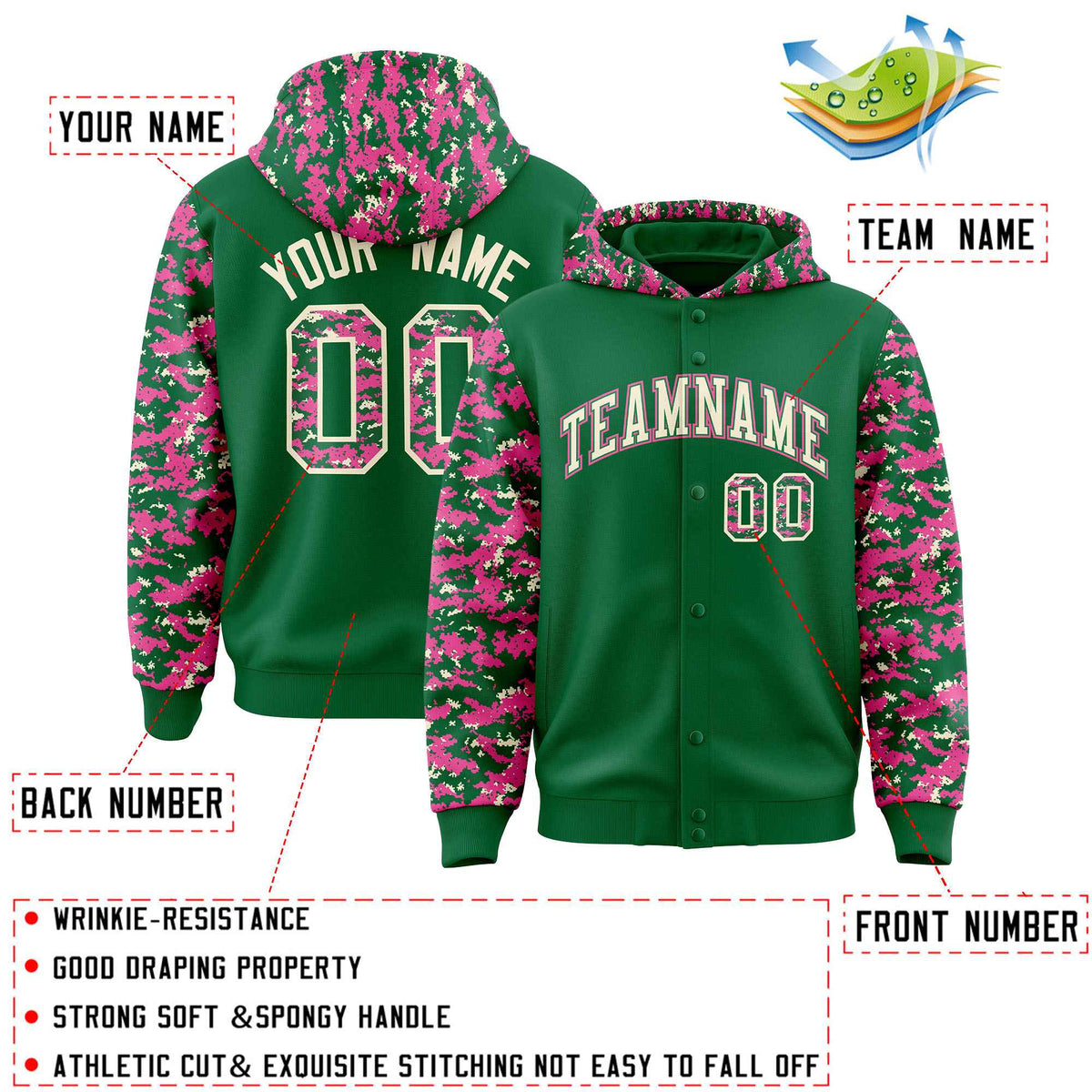 Custom Kelly Green Pink-Cream Raglan Sleeves Varsity Full-Snap Letterman Camo Jacket Hoodie| KXKSHOP