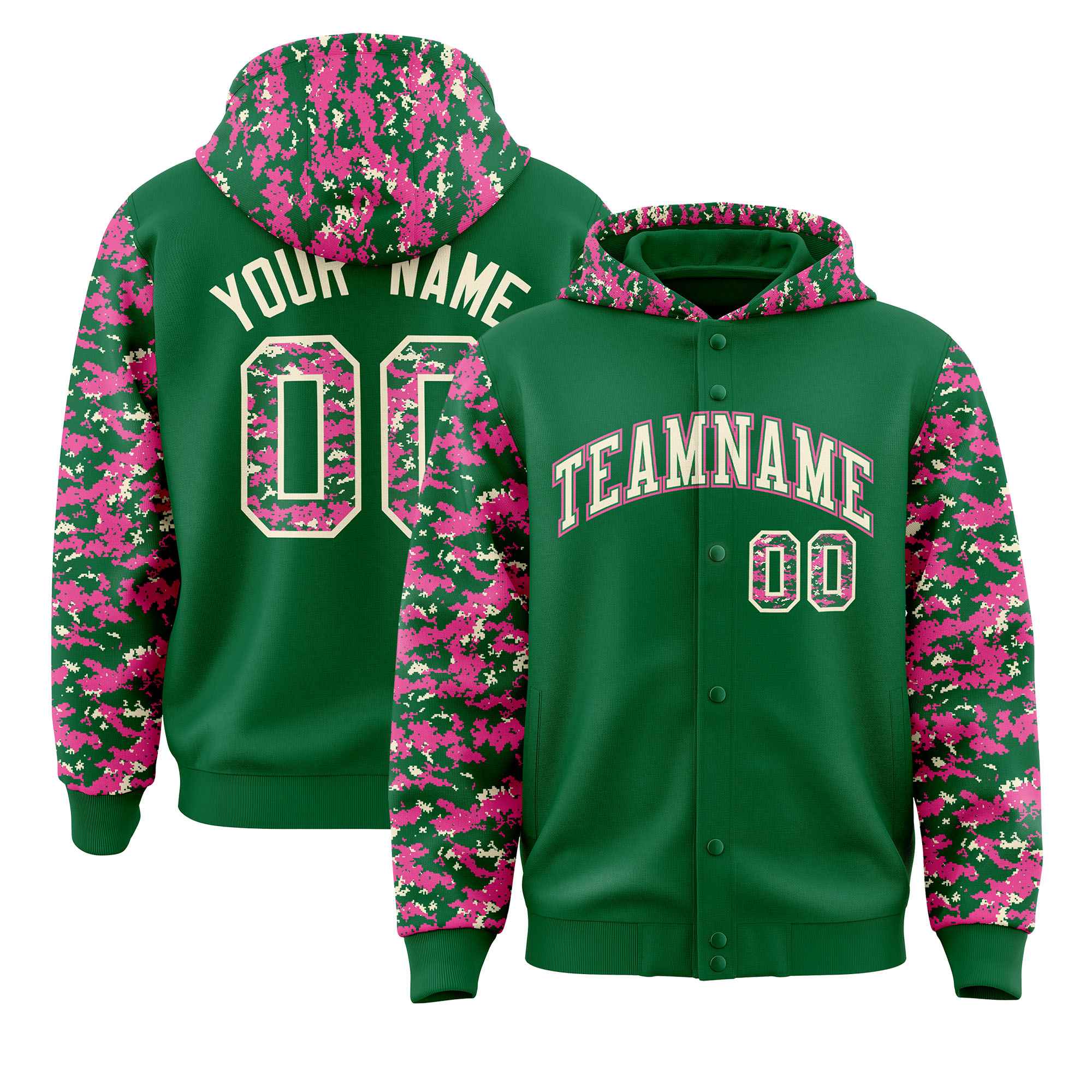 Custom Kelly Green Pink-Cream Raglan Sleeves Varsity Full-Snap Letterman Camo Jacket Hoodie| KXKSHOP