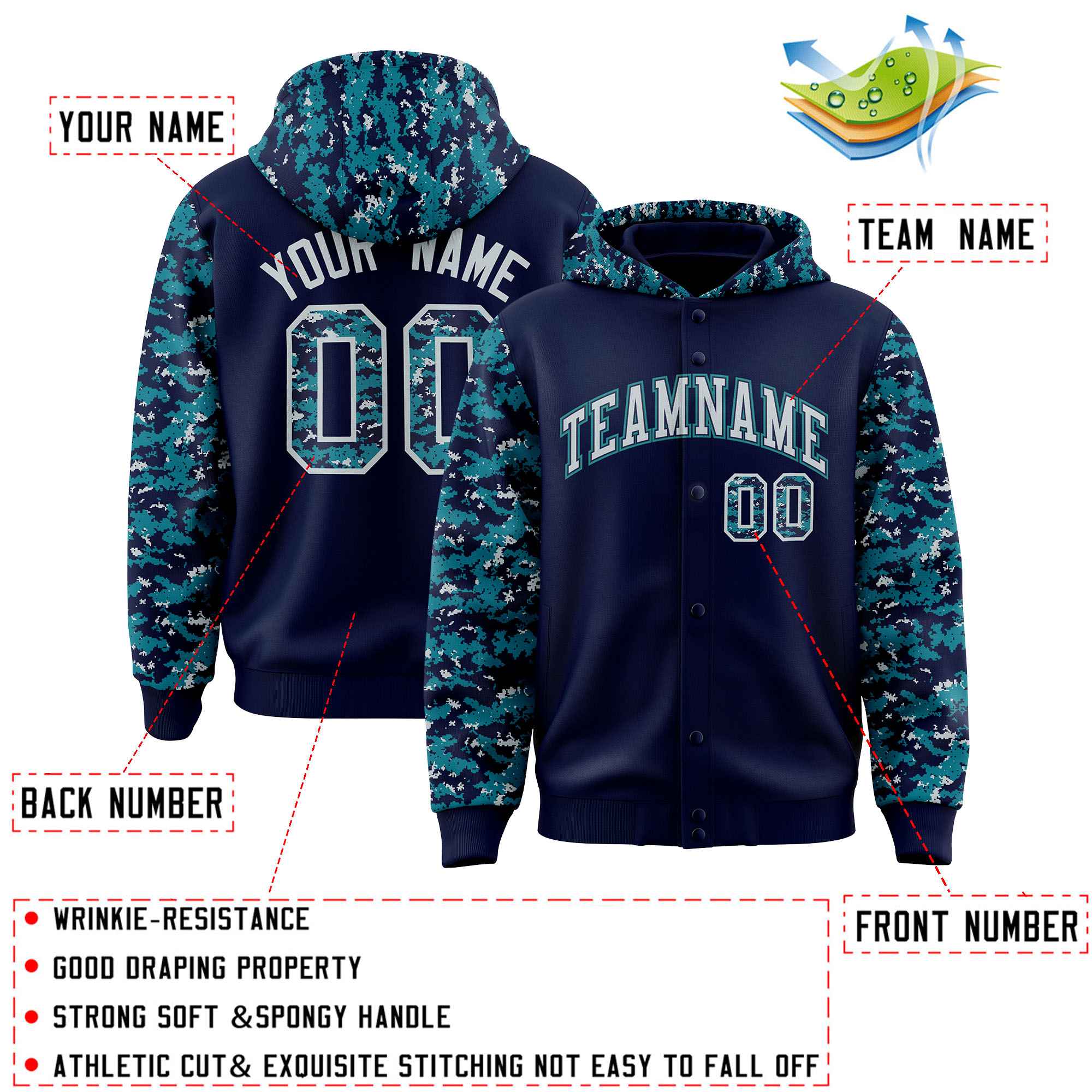 Custom Navy Aqua-Silver Raglan Sleeves Varsity Full-Snap Letterman Camo Jacket Hoodie| KXKSHOP