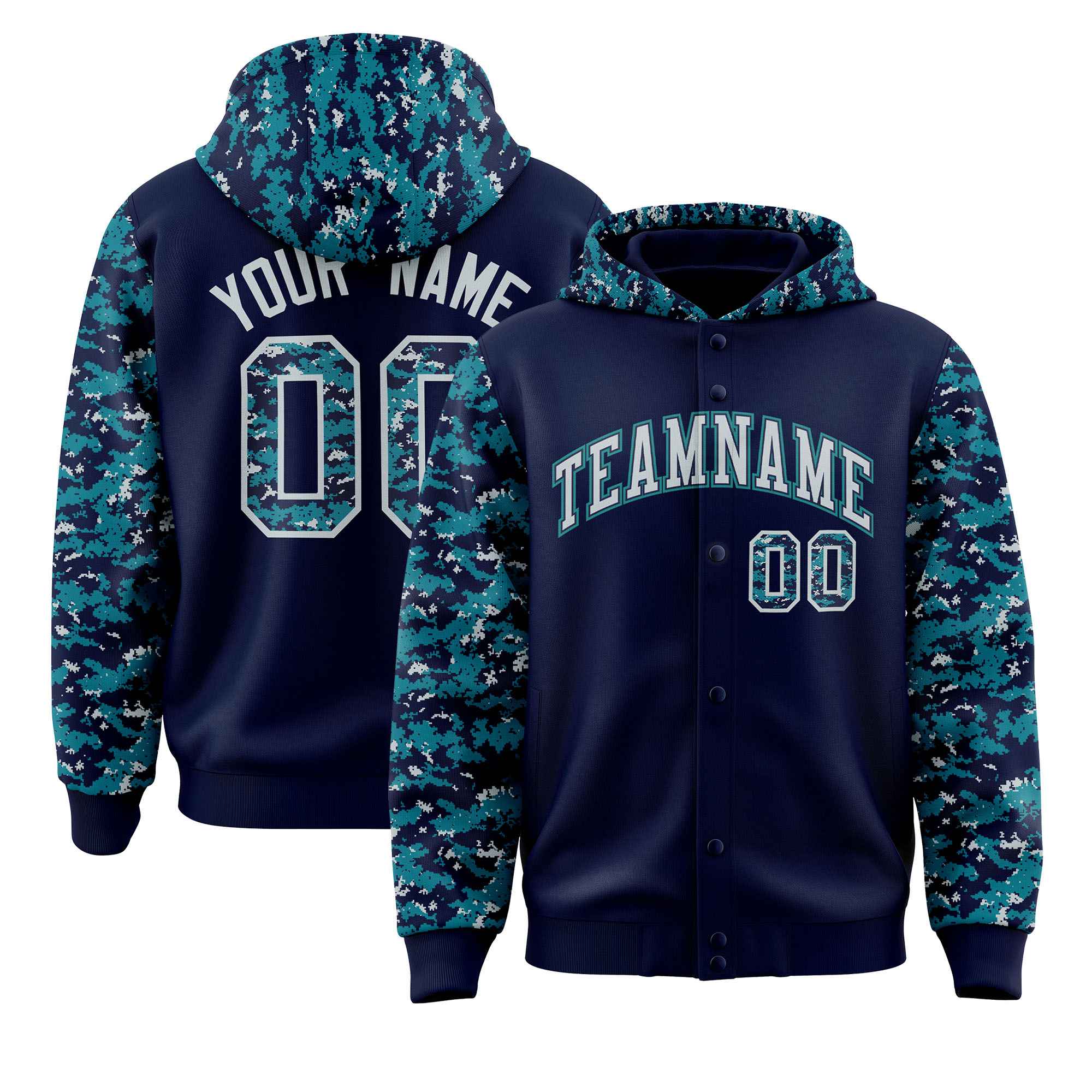 Custom Navy Aqua-Silver Raglan Sleeves Varsity Full-Snap Letterman Camo Jacket Hoodie| KXKSHOP