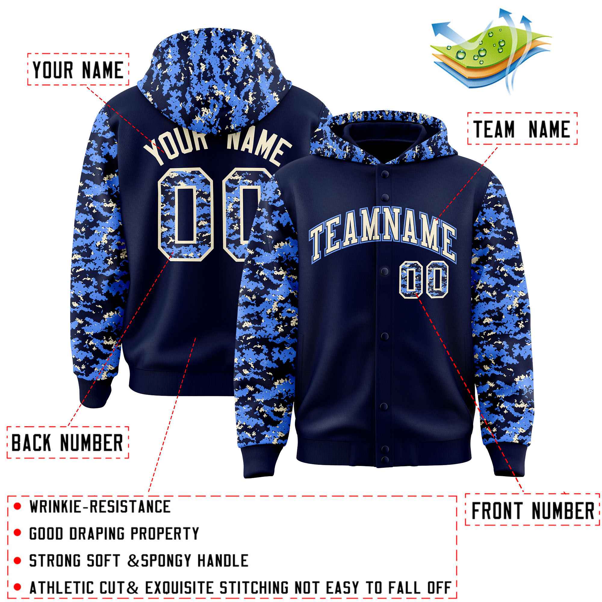 Custom Navy Powder Blue-Cream Raglan Sleeves Varsity Full-Snap Letterman Camo Jacket Hoodie| KXKSHOP