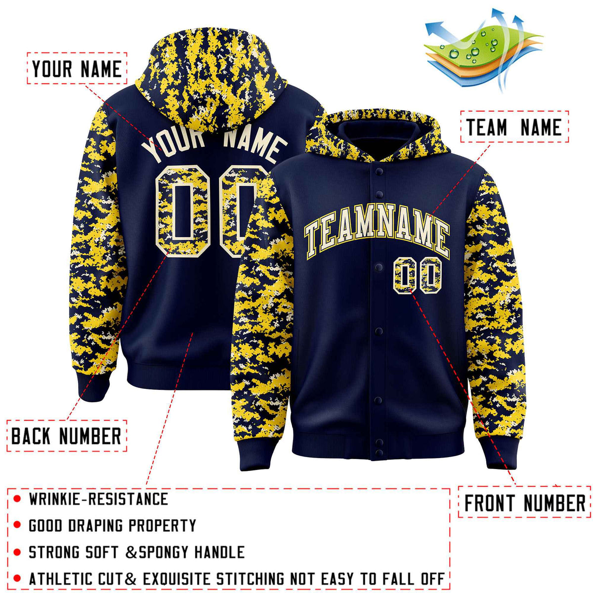 Custom Navy Gold-Cream Raglan Sleeves Varsity Full-Snap Letterman Camo Jacket Hoodie| KXKSHOP