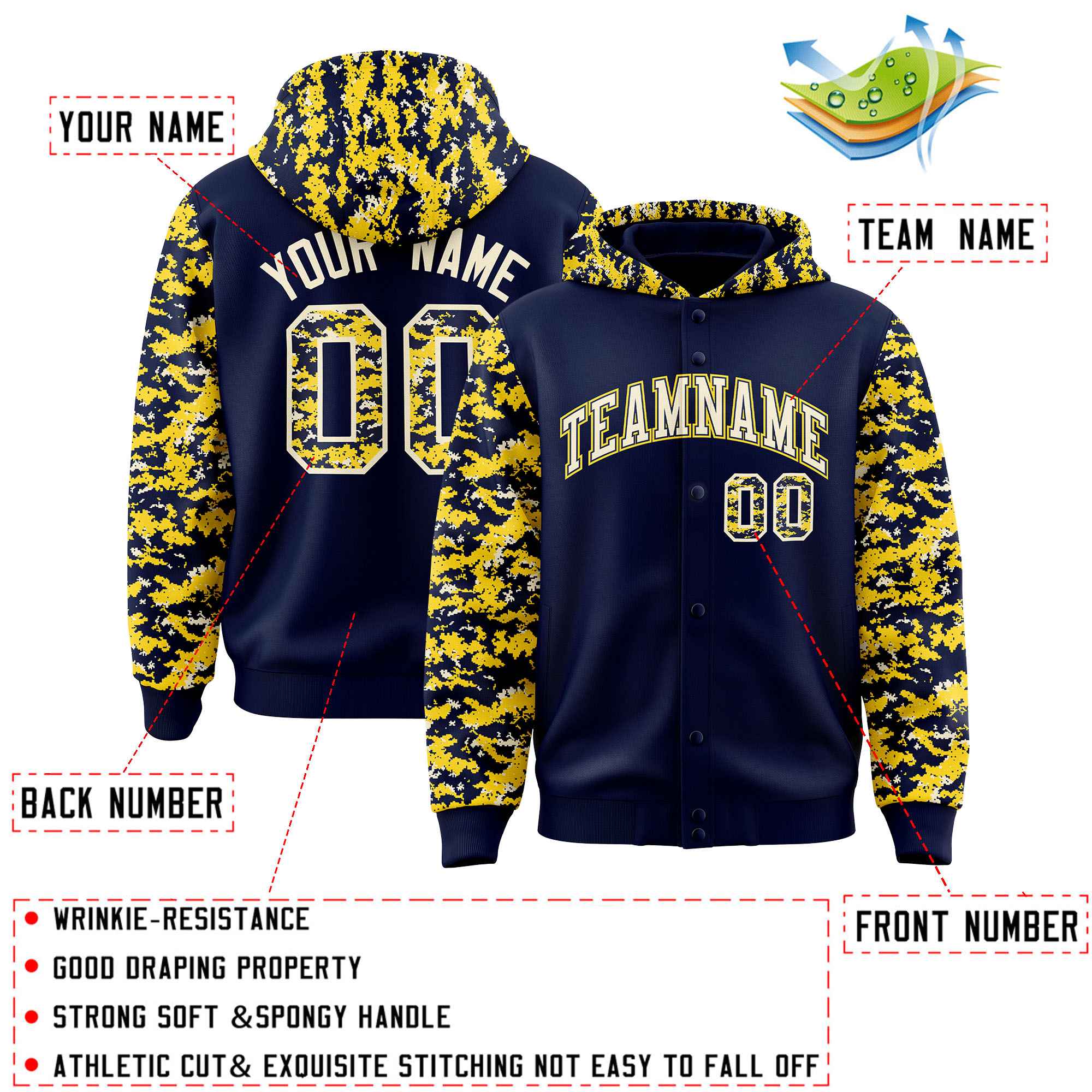 Custom Navy Gold-Cream Raglan Sleeves Varsity Full-Snap Letterman Camo Jacket Hoodie| KXKSHOP
