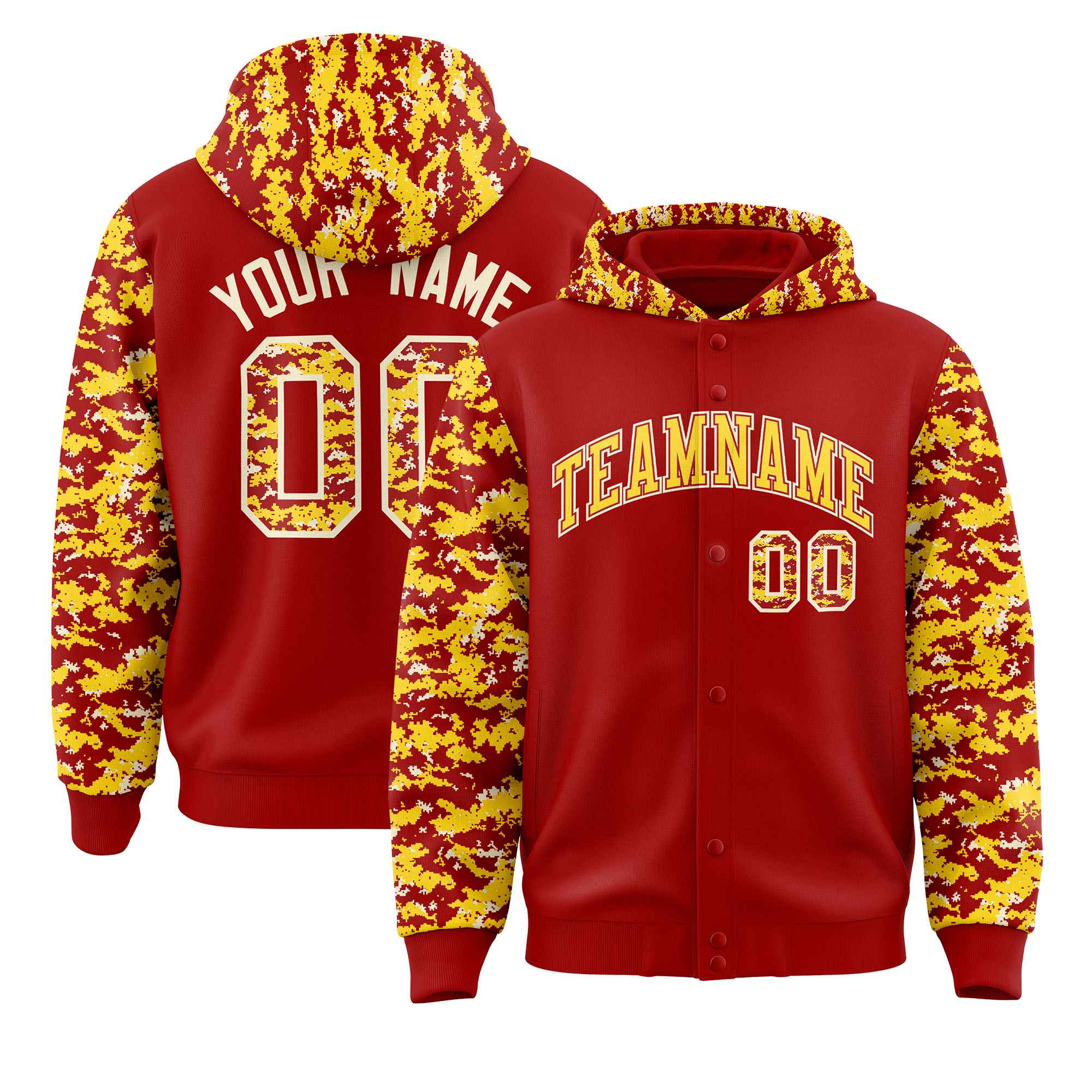 Custom Red Gold-Cream Raglan Sleeves Varsity Full-Snap Letterman Camo Jacket Hoodie| KXKSHOP