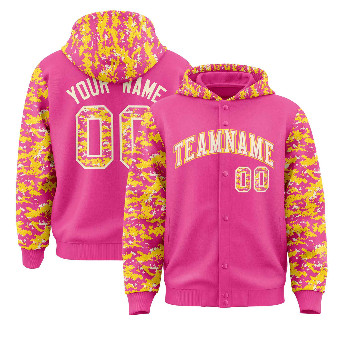 Custom Pink Gold-Cream Raglan Sleeves Varsity Full-Snap Letterman Camo Jacket Hoodie| KXKSHOP