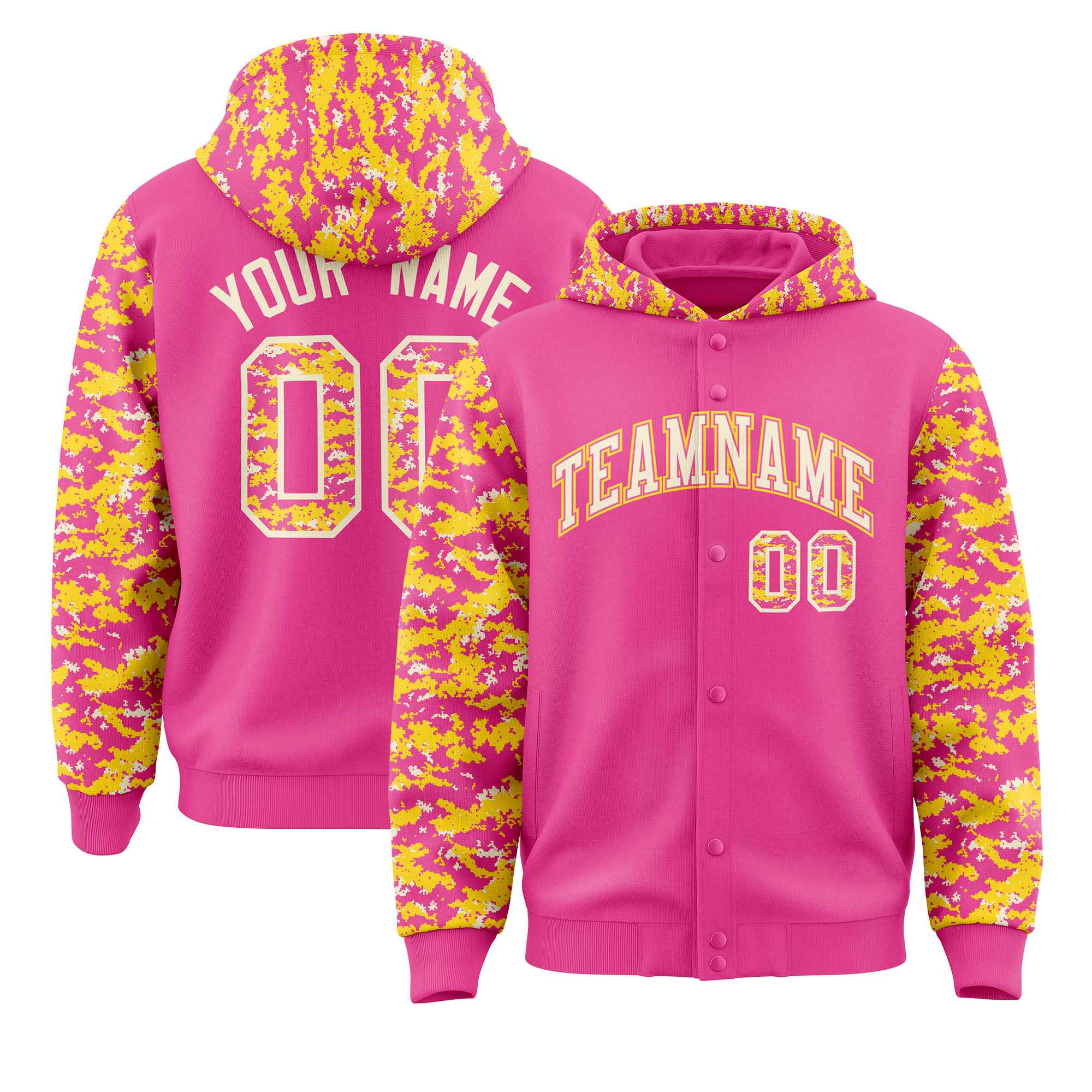 Custom Pink Gold-Cream Raglan Sleeves Varsity Full-Snap Letterman Camo Jacket Hoodie| KXKSHOP