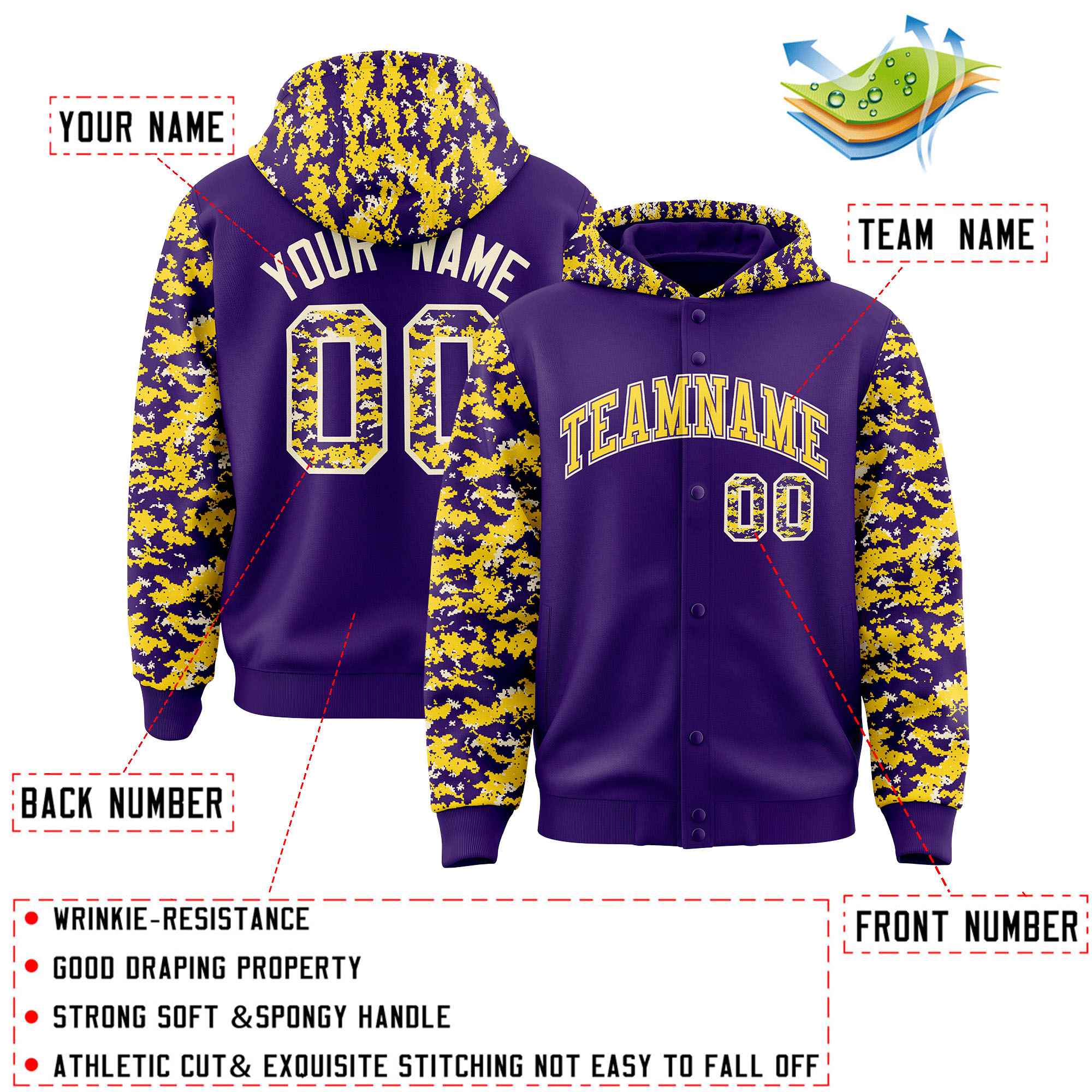Custom Purple Gold-Cream Raglan Sleeves Varsity Full-Snap Letterman Camo Jacket Hoodie| KXKSHOP