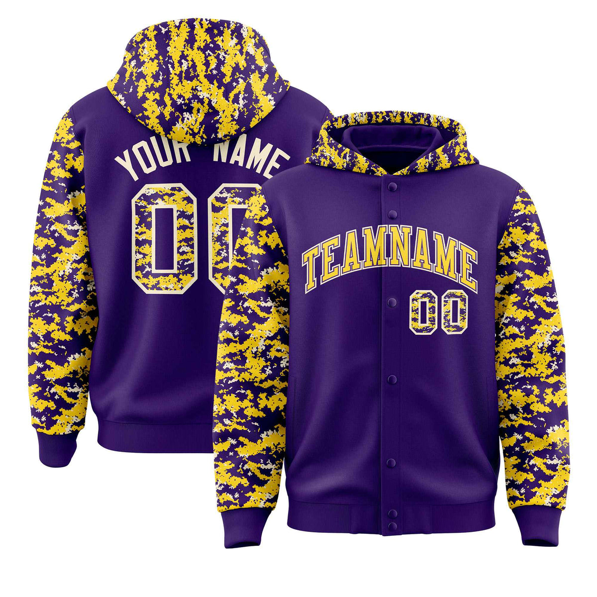 Custom Purple Gold-Cream Raglan Sleeves Varsity Full-Snap Letterman Camo Jacket Hoodie| KXKSHOP