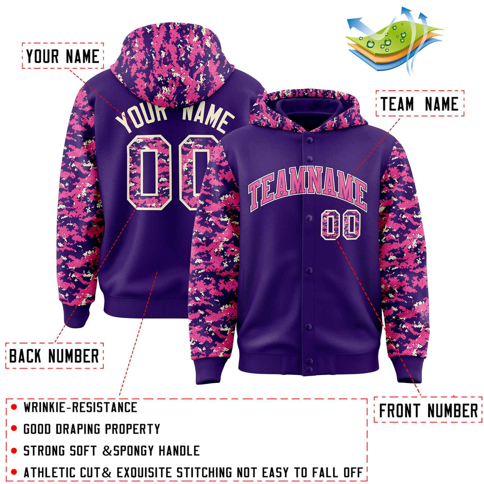 Custom Purple Pink-Cream Raglan Sleeves Varsity Full-Snap Letterman Camo Jacket Hoodie| KXKSHOP