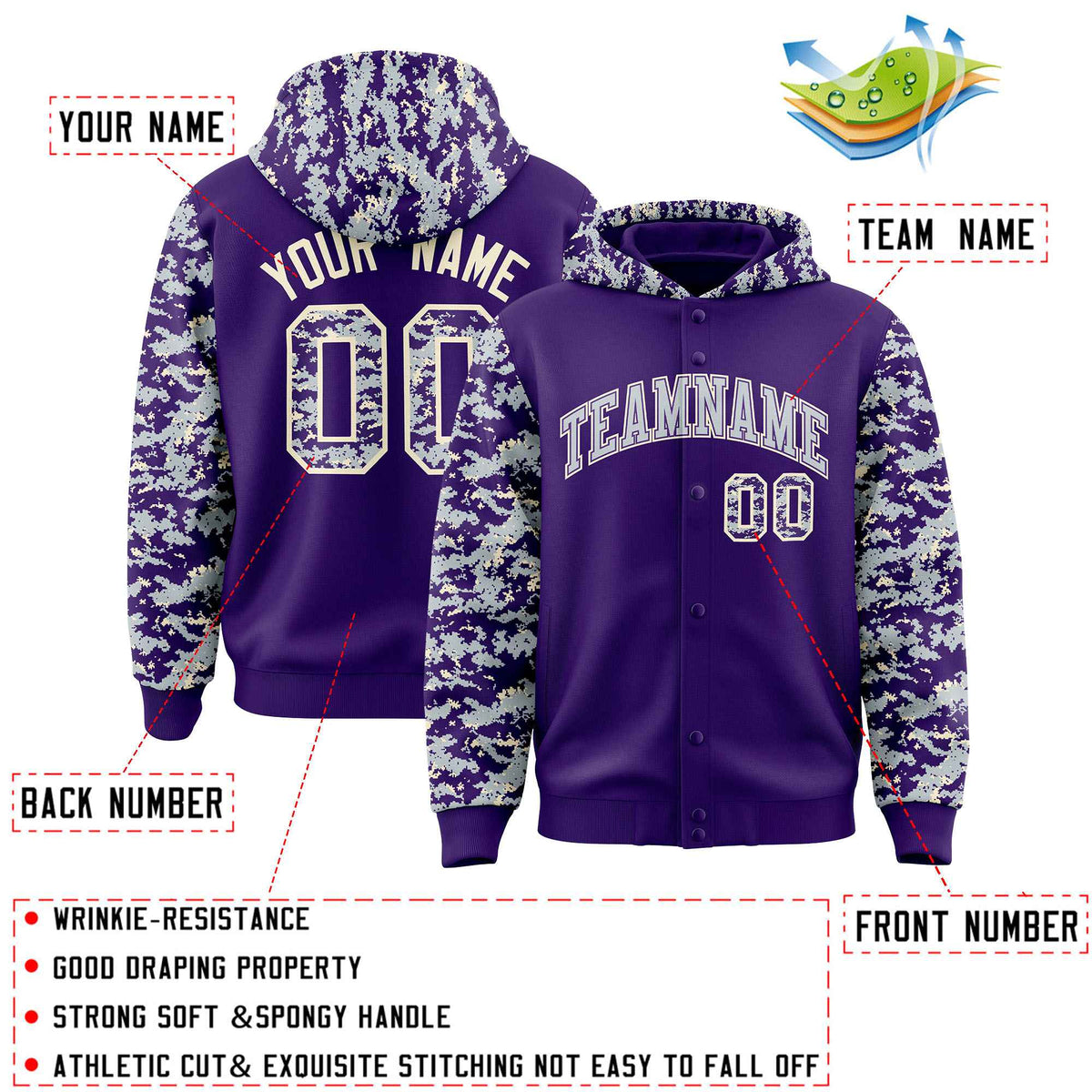 Custom Purple Silver-Cream Raglan Sleeves Varsity Full-Snap Letterman Camo Jacket Hoodie| KXKSHOP