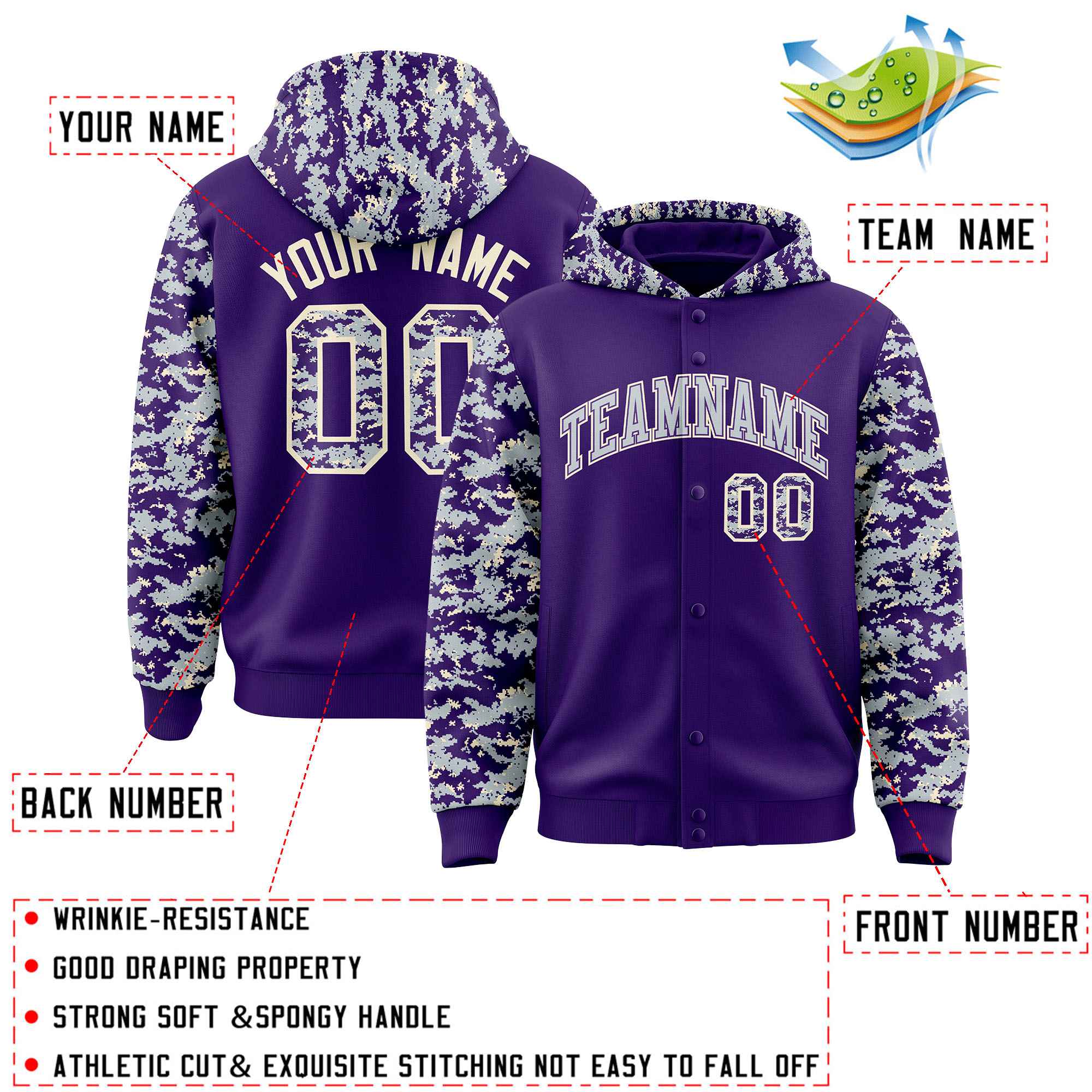 Custom Purple Silver-Cream Raglan Sleeves Varsity Full-Snap Letterman Camo Jacket Hoodie| KXKSHOP