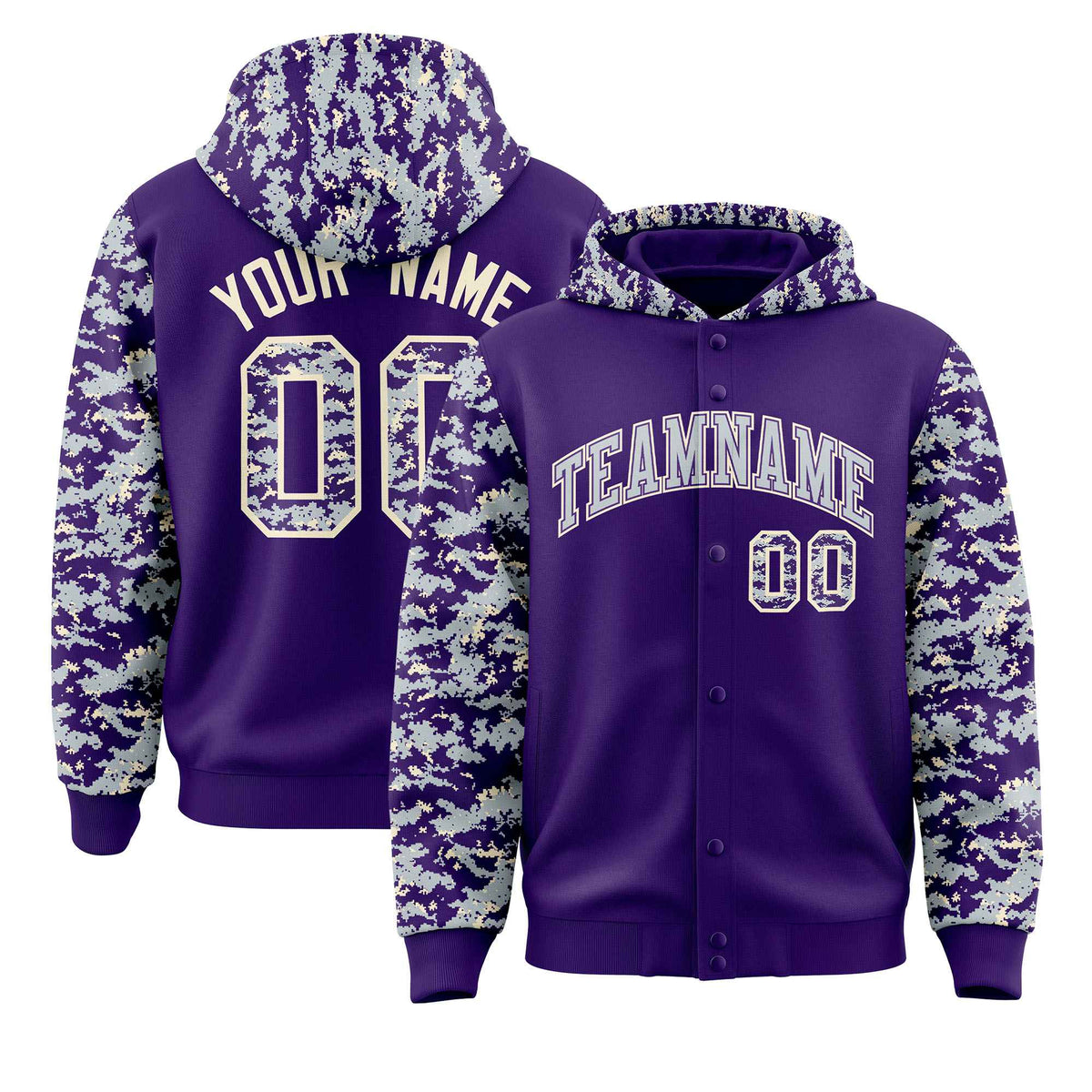 Custom Purple Silver-Cream Raglan Sleeves Varsity Full-Snap Letterman Camo Jacket Hoodie| KXKSHOP