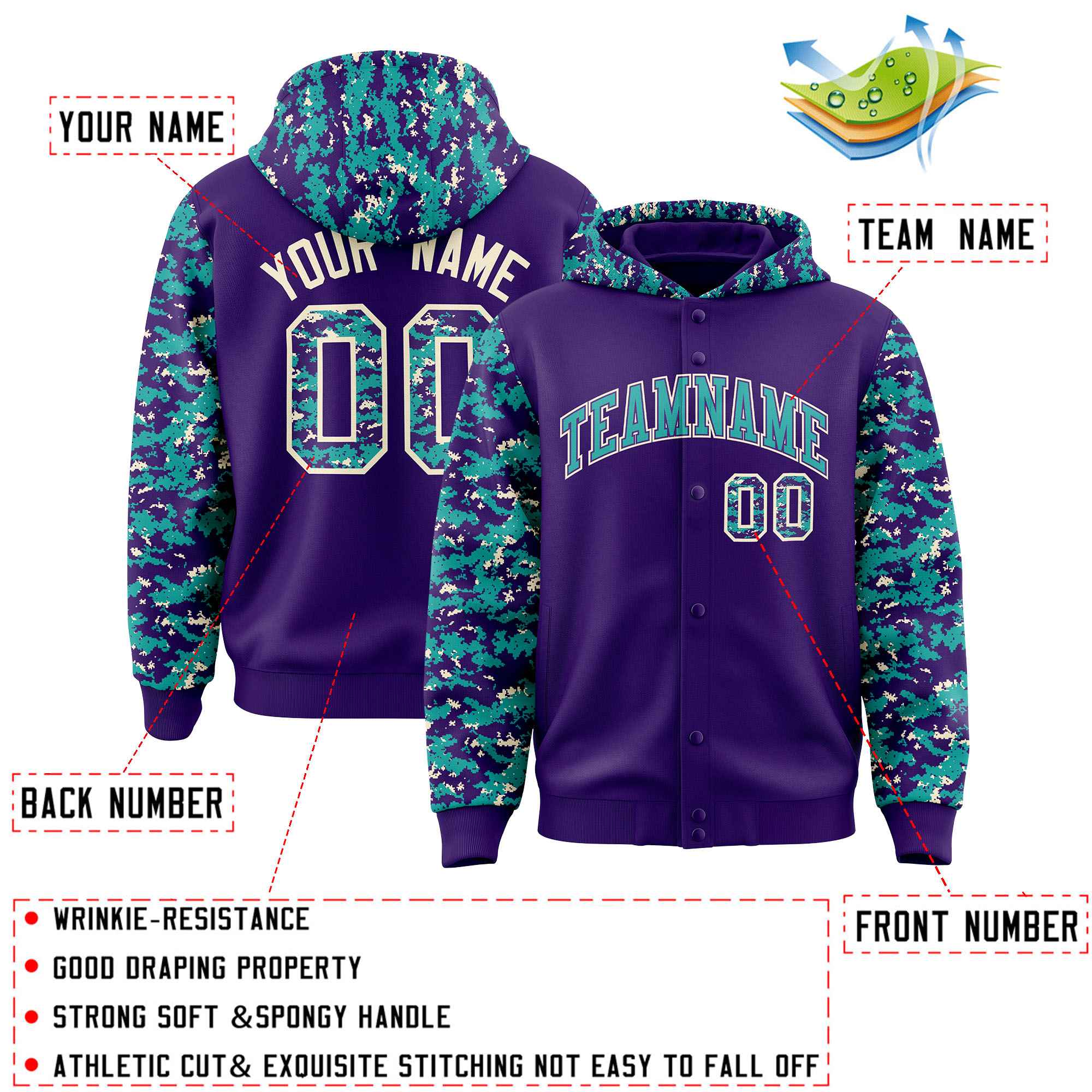 Custom Purple Aqua-Cream Raglan Sleeves Varsity Full-Snap Letterman Camo Jacket Hoodie| KXKSHOP