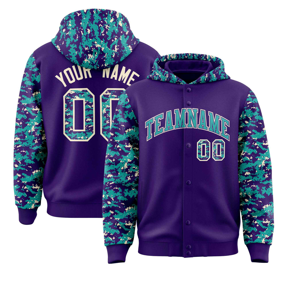 Custom Purple Aqua-Cream Raglan Sleeves Varsity Full-Snap Letterman Camo Jacket Hoodie| KXKSHOP