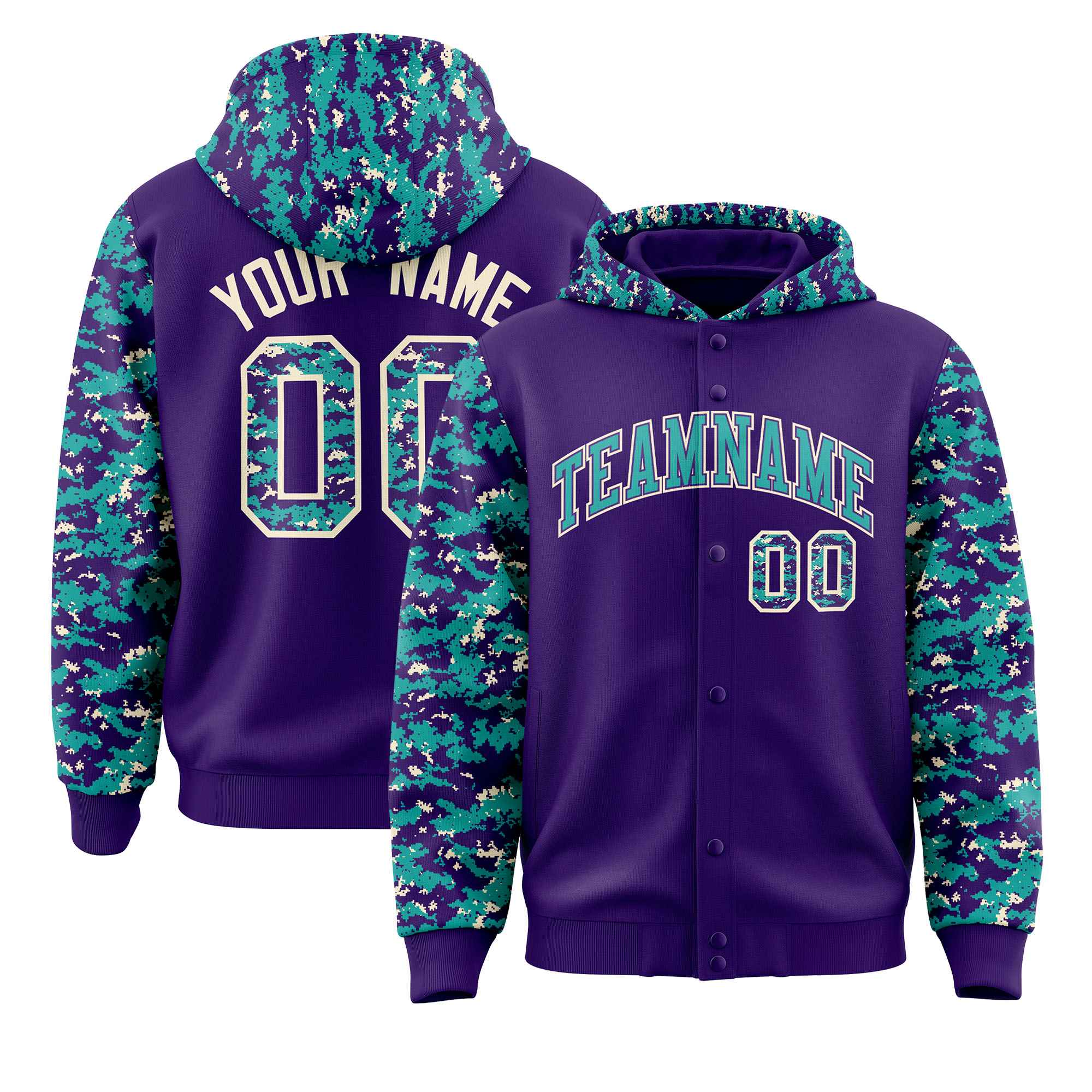 Custom Purple Aqua-Cream Raglan Sleeves Varsity Full-Snap Letterman Camo Jacket Hoodie| KXKSHOP