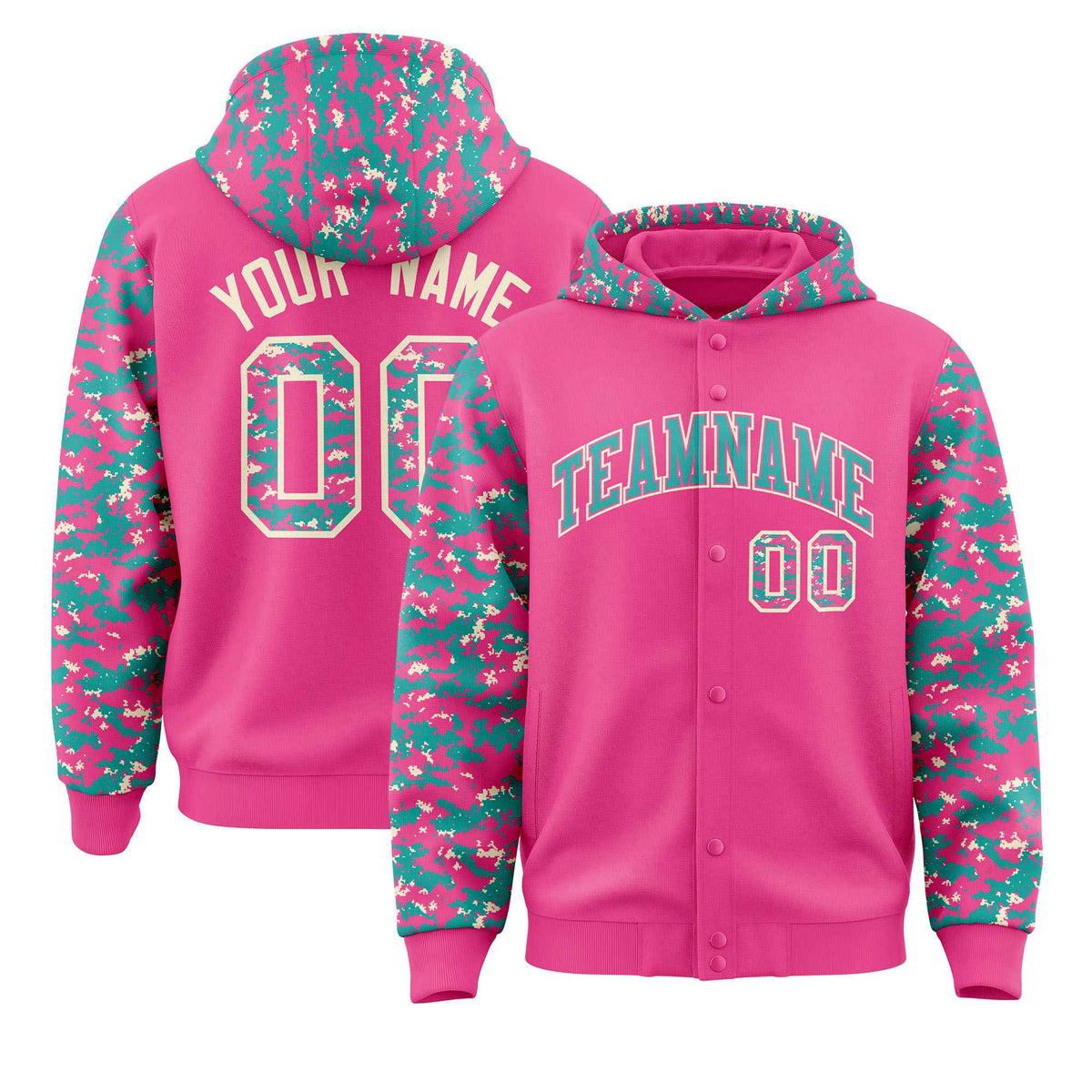 Custom Pink Aqua-Cream Raglan Sleeves Varsity Full-Snap Letterman Camo Jacket Hoodie| KXKSHOP
