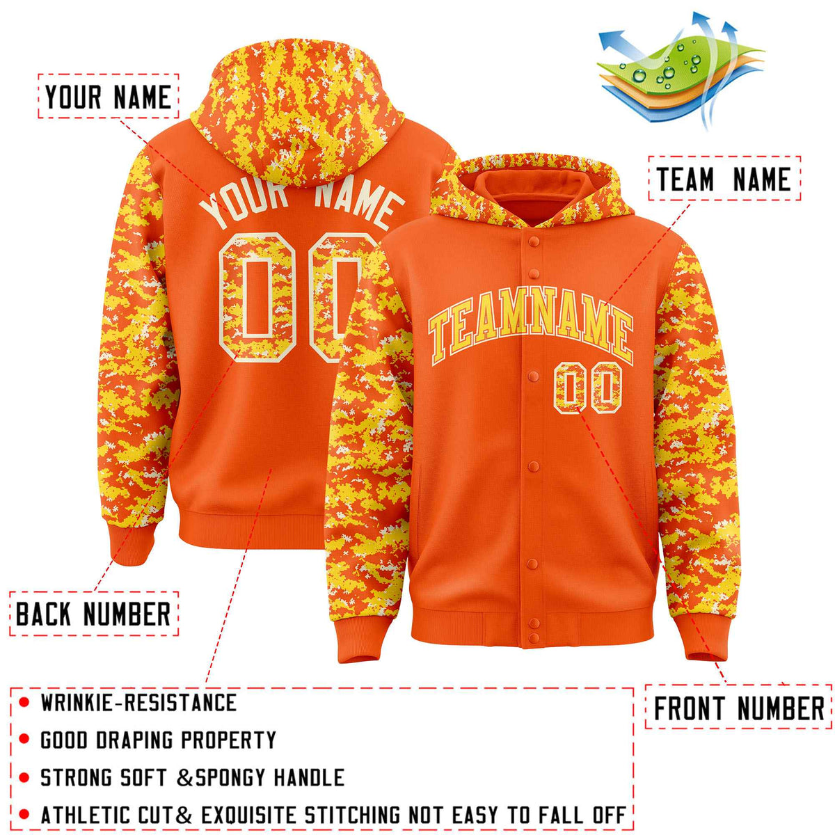 Custom Orange Gold-Cream Raglan Sleeves Varsity Full-Snap Letterman Camo Jacket Hoodie| KXKSHOP