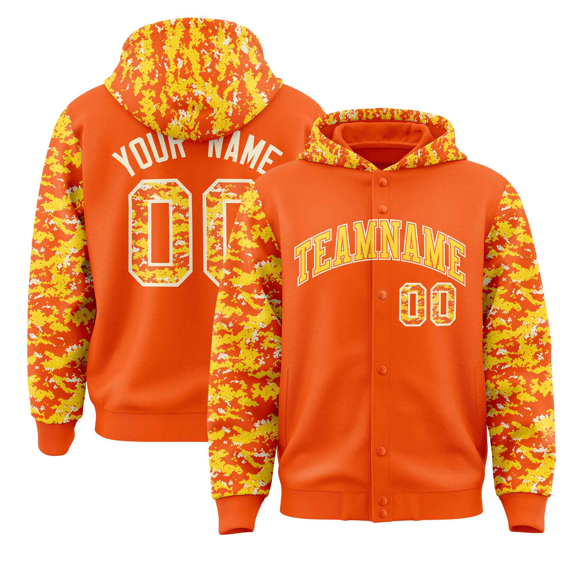 Custom Orange Gold-Cream Raglan Sleeves Varsity Full-Snap Letterman Camo Jacket Hoodie| KXKSHOP