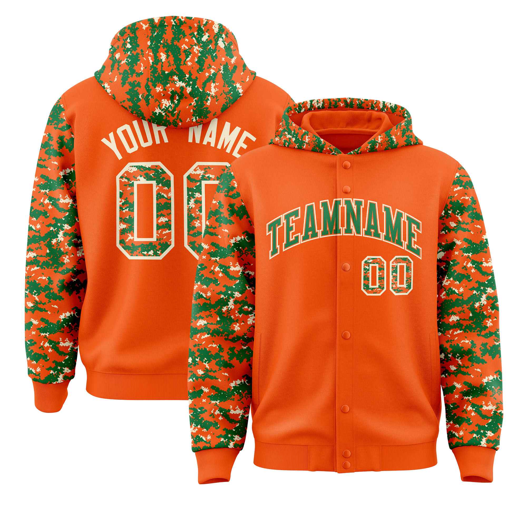 Custom Orange Kelly Green-Cream Raglan Sleeves Varsity Full-Snap Letterman Camo Jacket Hoodie| KXKSHOP