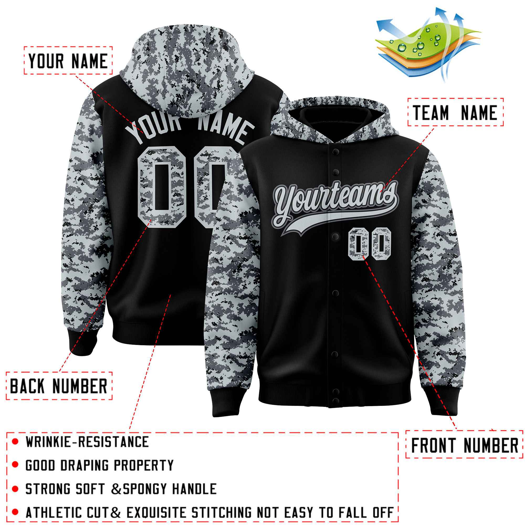 Custom Black Silver-Gray Raglan Sleeves Varsity Full-Snap Letterman Camo Jacket Hoodie| KXKSHOP