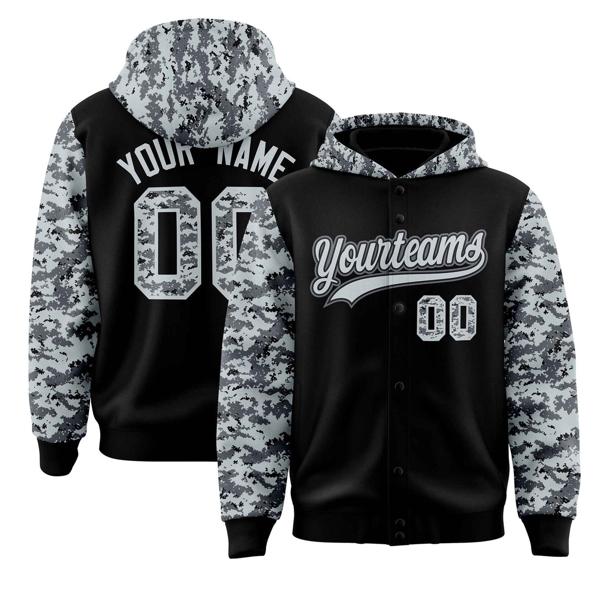Custom Black Silver-Gray Raglan Sleeves Varsity Full-Snap Letterman Camo Jacket Hoodie| KXKSHOP