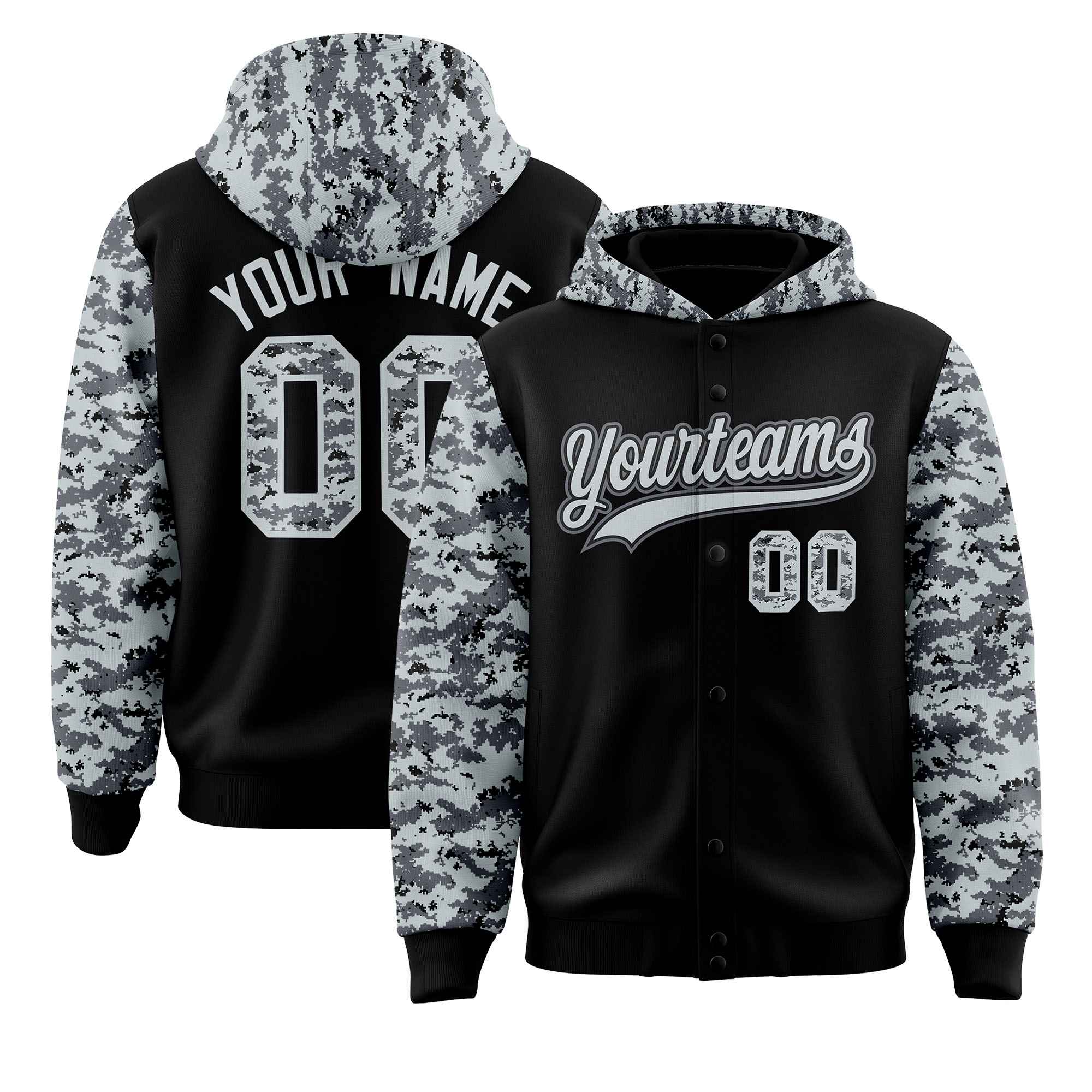 Custom Black Silver-Gray Raglan Sleeves Varsity Full-Snap Letterman Camo Jacket Hoodie| KXKSHOP