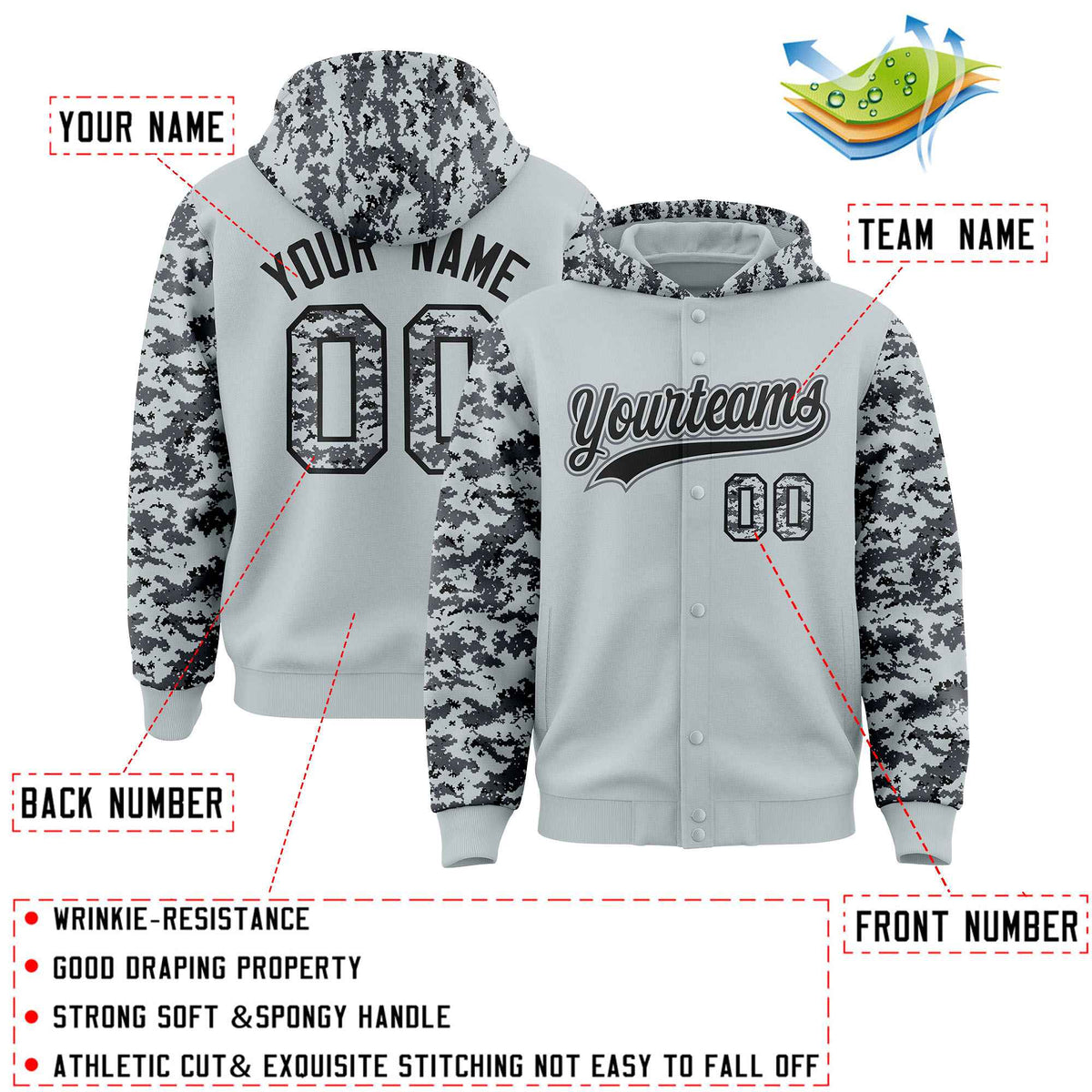 Custom Silver Gray-Black Raglan Sleeves Varsity Full-Snap Letterman Camo Jacket Hoodie| KXKSHOP