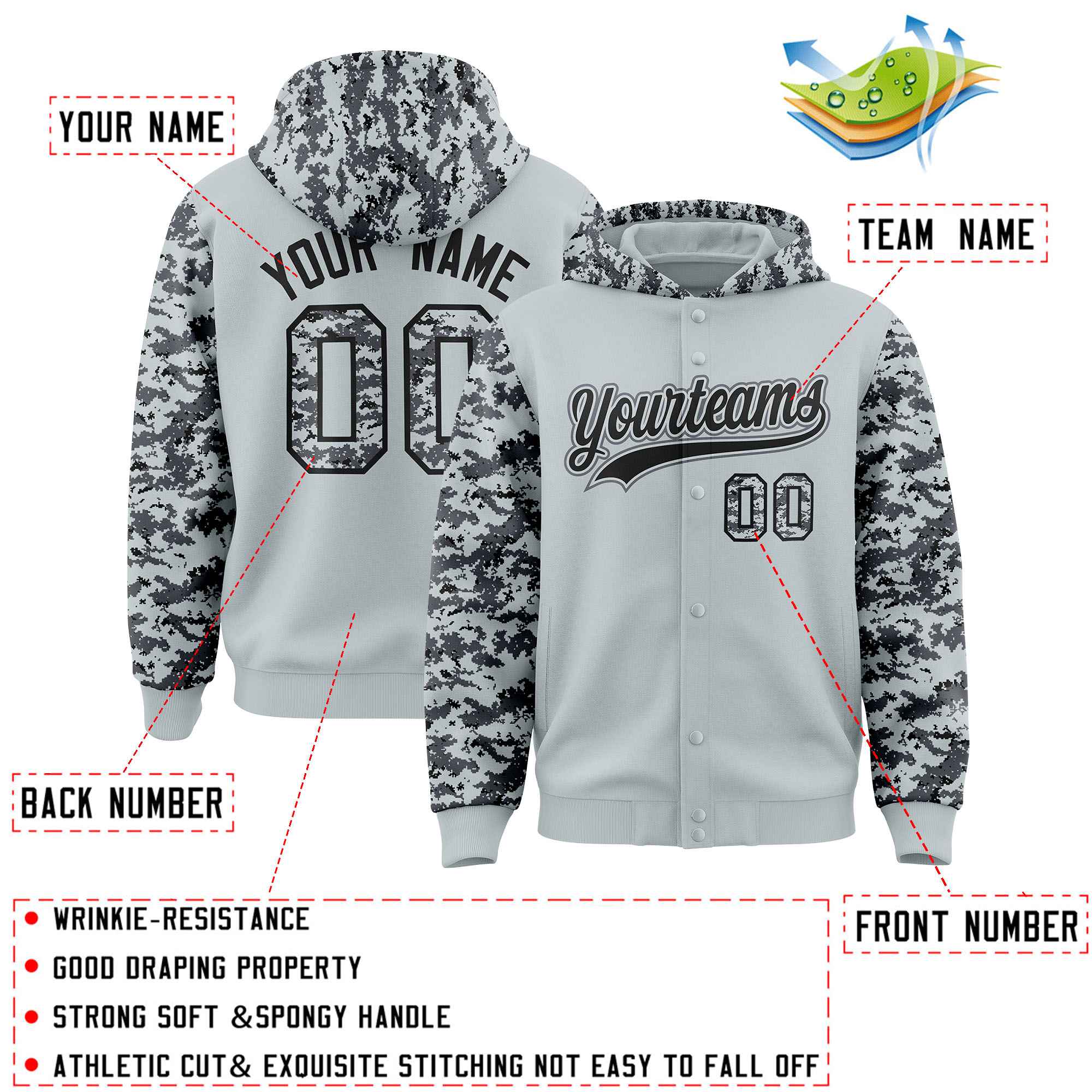 Custom Silver Gray-Black Raglan Sleeves Varsity Full-Snap Letterman Camo Jacket Hoodie| KXKSHOP