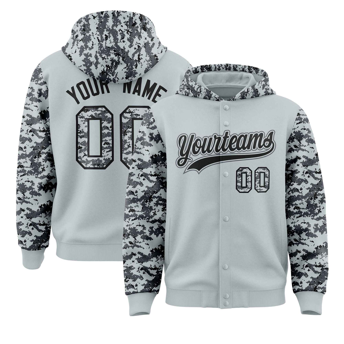 Custom Silver Gray-Black Raglan Sleeves Varsity Full-Snap Letterman Camo Jacket Hoodie| KXKSHOP