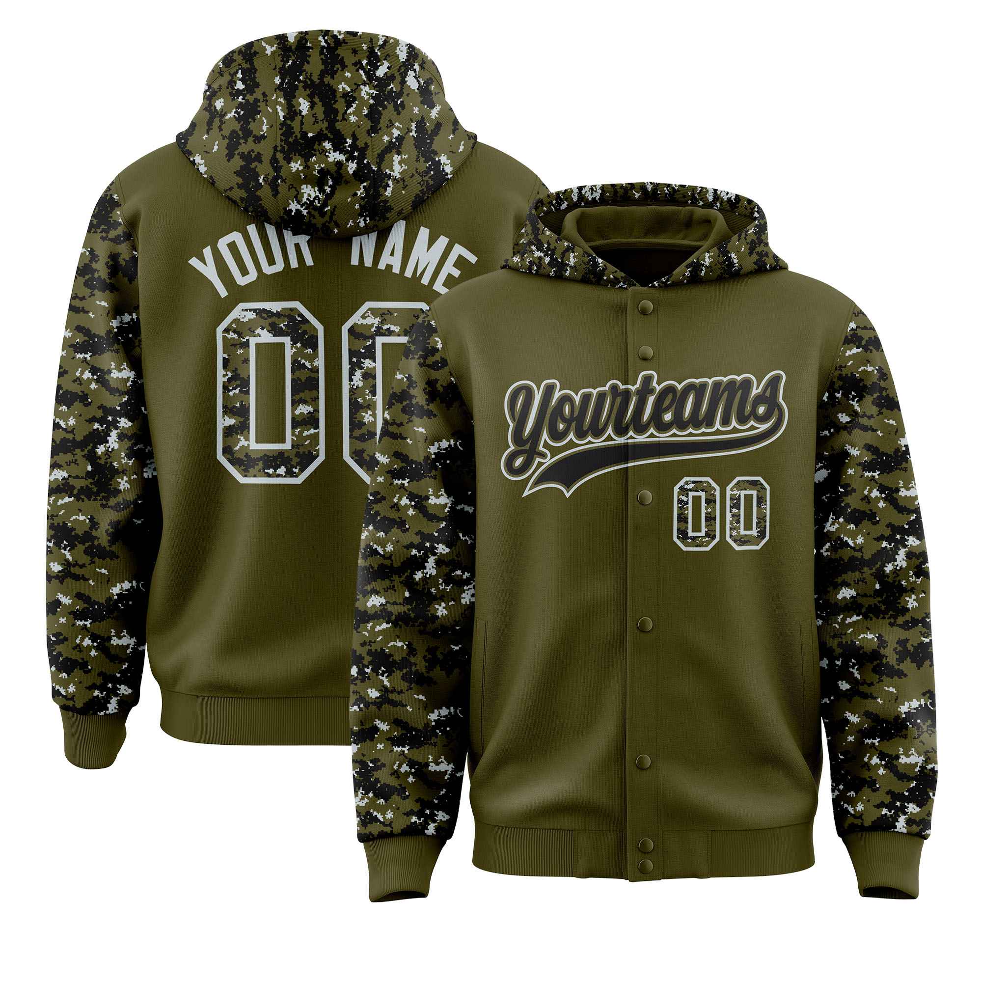 Custom Olive Black-Silver Raglan Sleeves Varsity Full-Snap Letterman Camo Jacket Hoodie| KXKSHOP