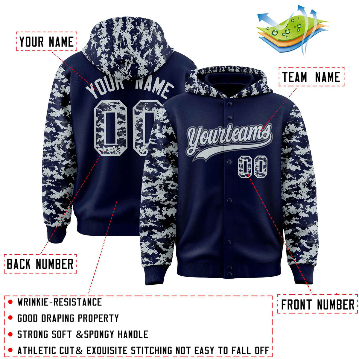 Custom Navy Silver-Gray Raglan Sleeves Varsity Full-Snap Letterman Camo Jacket Hoodie| KXKSHOP