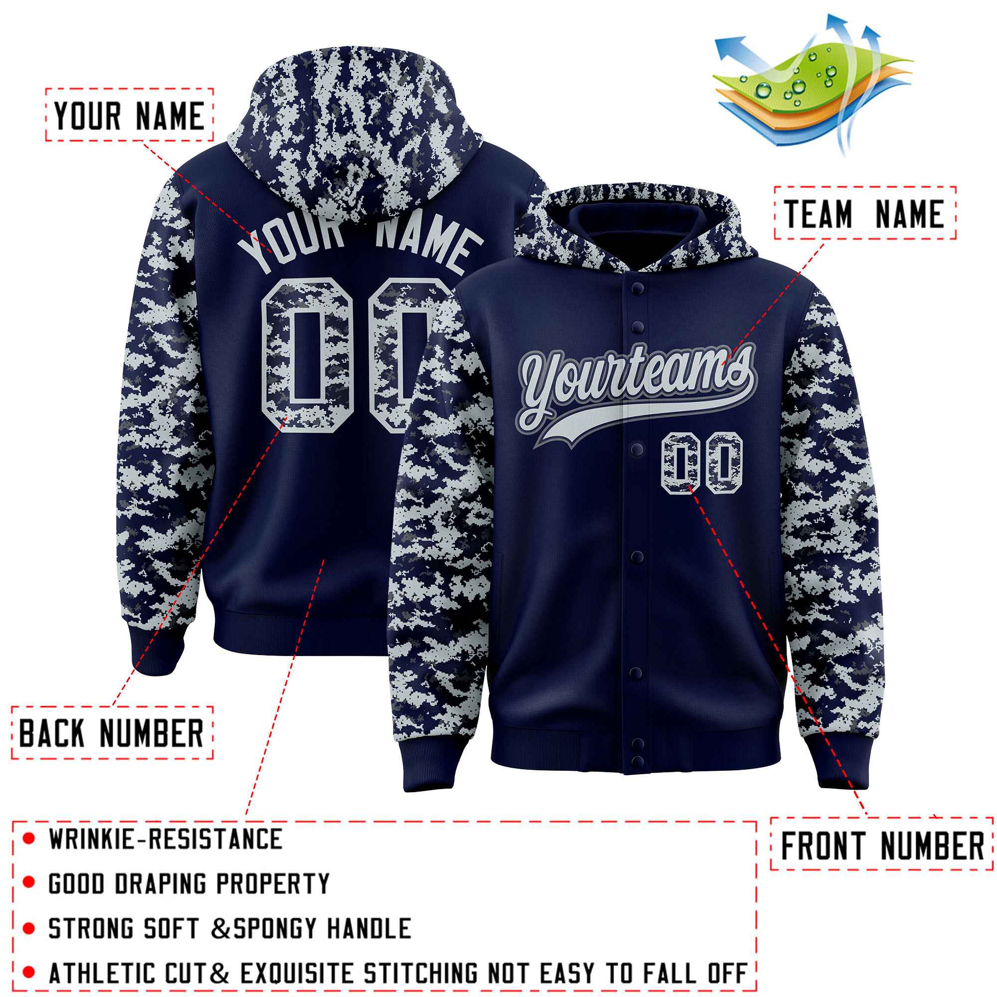 Custom Navy Silver-Gray Raglan Sleeves Varsity Full-Snap Letterman Camo Jacket Hoodie| KXKSHOP