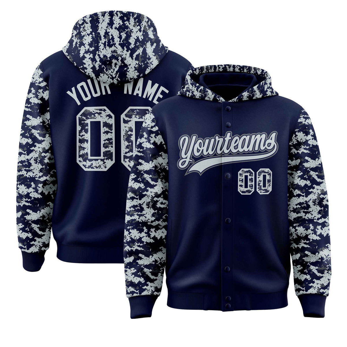 Custom Navy Silver-Gray Raglan Sleeves Varsity Full-Snap Letterman Camo Jacket Hoodie| KXKSHOP