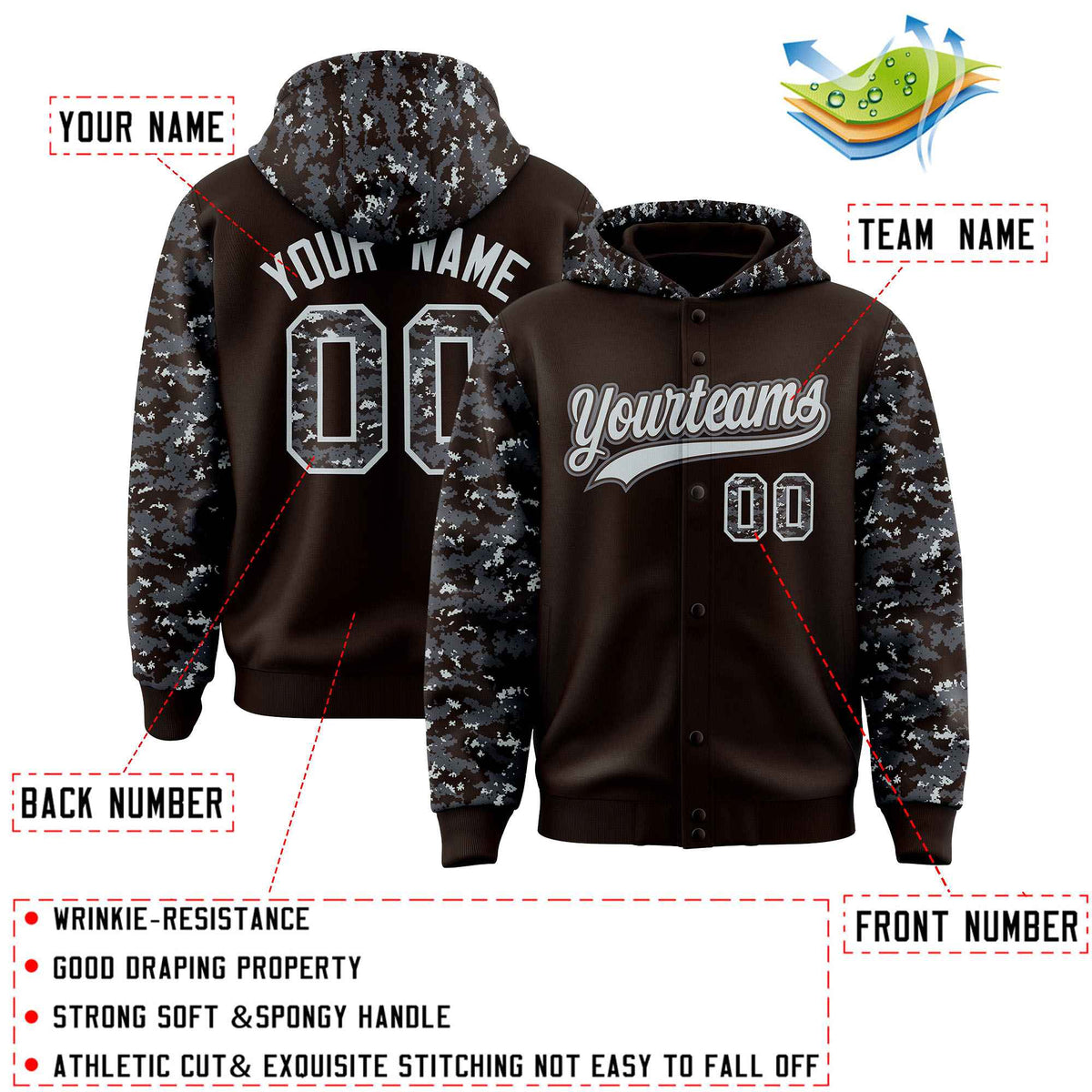 Custom Brown Gray-Silver Raglan Sleeves Varsity Full-Snap Letterman Camo Jacket Hoodie| KXKSHOP
