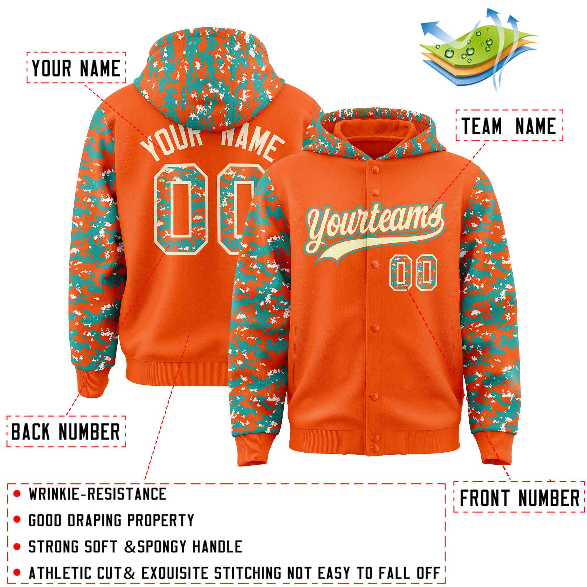 Custom Orange Aqua-Cream Raglan Sleeves Varsity Full-Snap Letterman Camo Jacket Hoodie| KXKSHOP