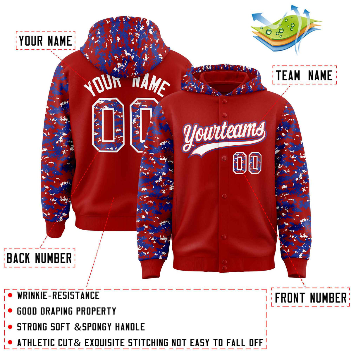 Custom Red Royal-White Raglan Sleeves Varsity Full-Snap Letterman Camo Jacket Hoodie| KXKSHOP