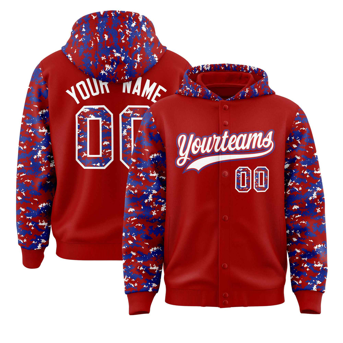 Custom Red Royal-White Raglan Sleeves Varsity Full-Snap Letterman Camo Jacket Hoodie| KXKSHOP