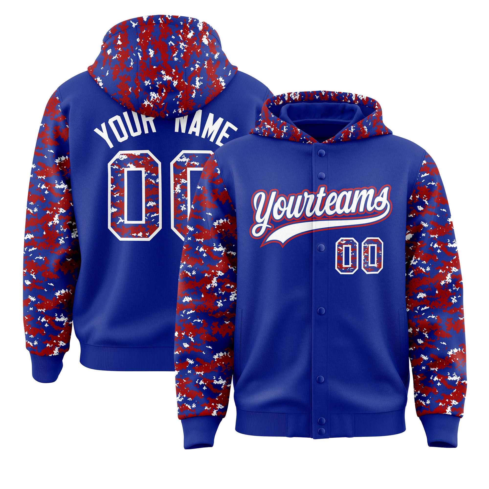 Custom Royal Red-White Raglan Sleeves Varsity Full-Snap Letterman Camo Jacket Hoodie| KXKSHOP
