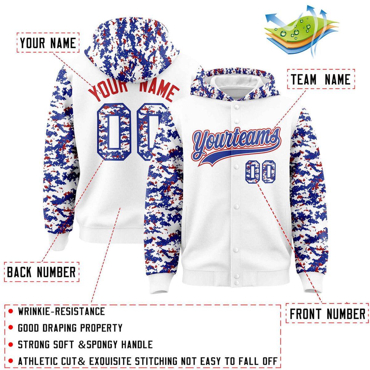 Custom White Royal-Red Raglan Sleeves Varsity Full-Snap Letterman Camo Jacket Hoodie| KXKSHOP