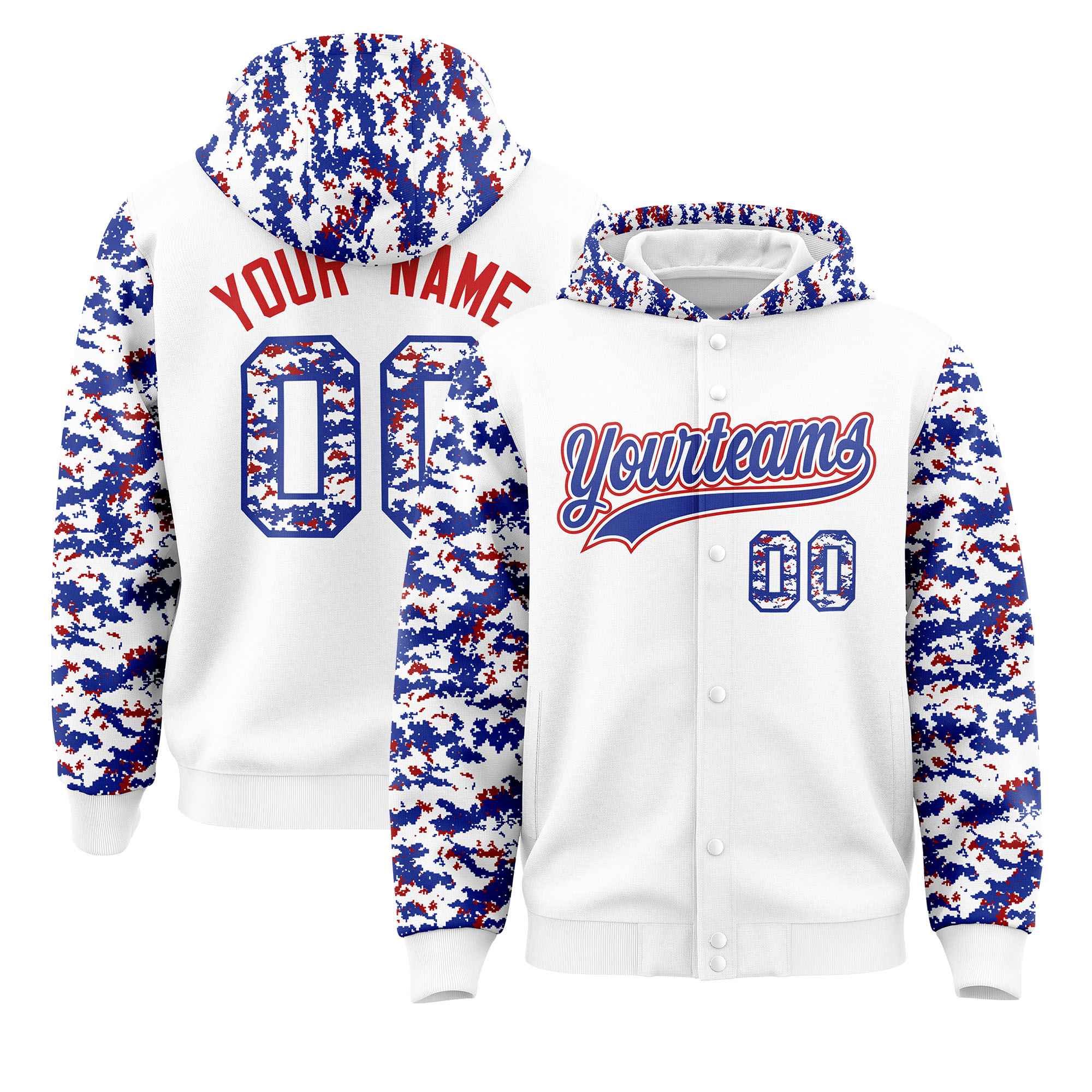 Custom White Royal-Red Raglan Sleeves Varsity Full-Snap Letterman Camo Jacket Hoodie| KXKSHOP