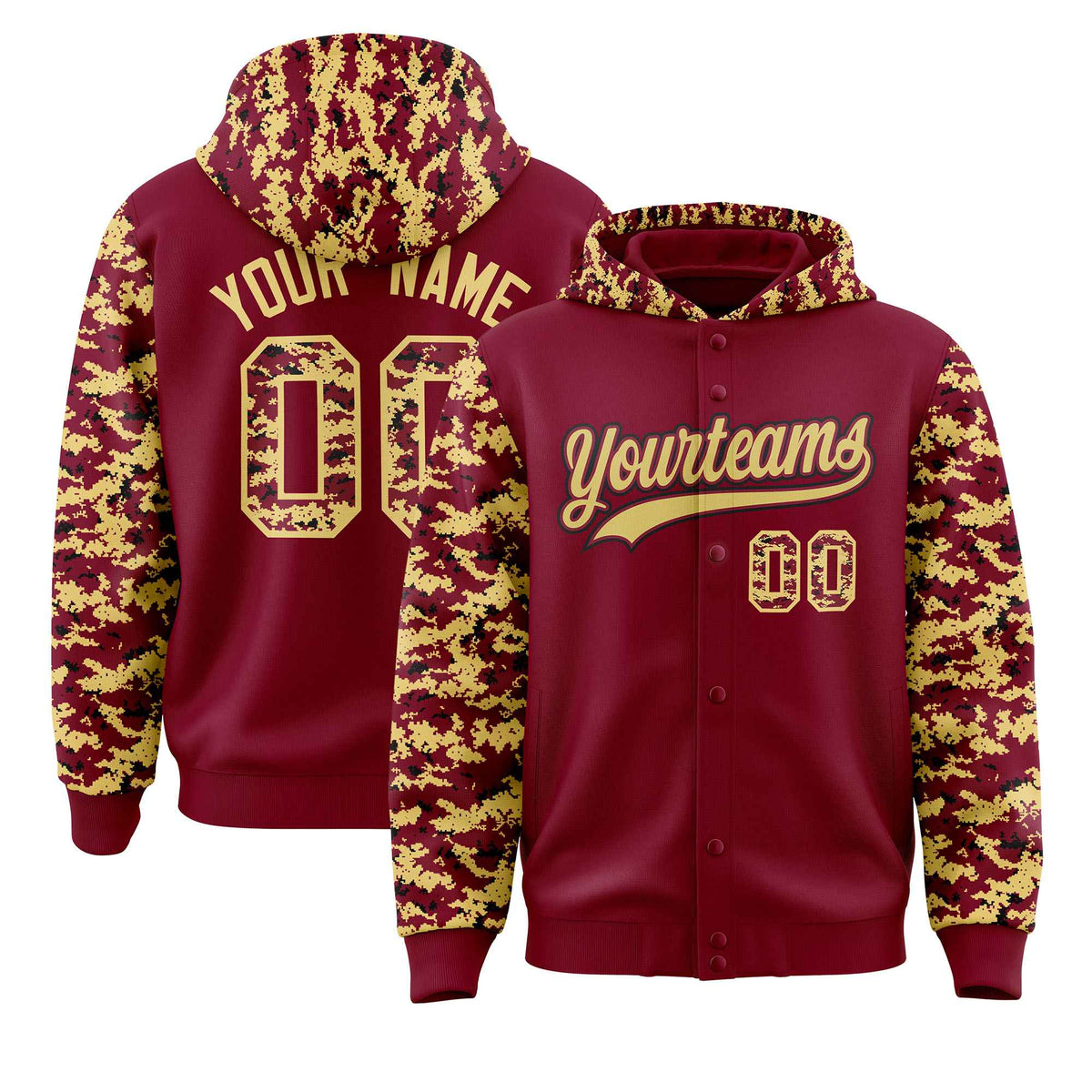 Custom Crimson Khaki-Black Raglan Sleeves Varsity Full-Snap Letterman Camo Jacket Hoodie| KXKSHOP